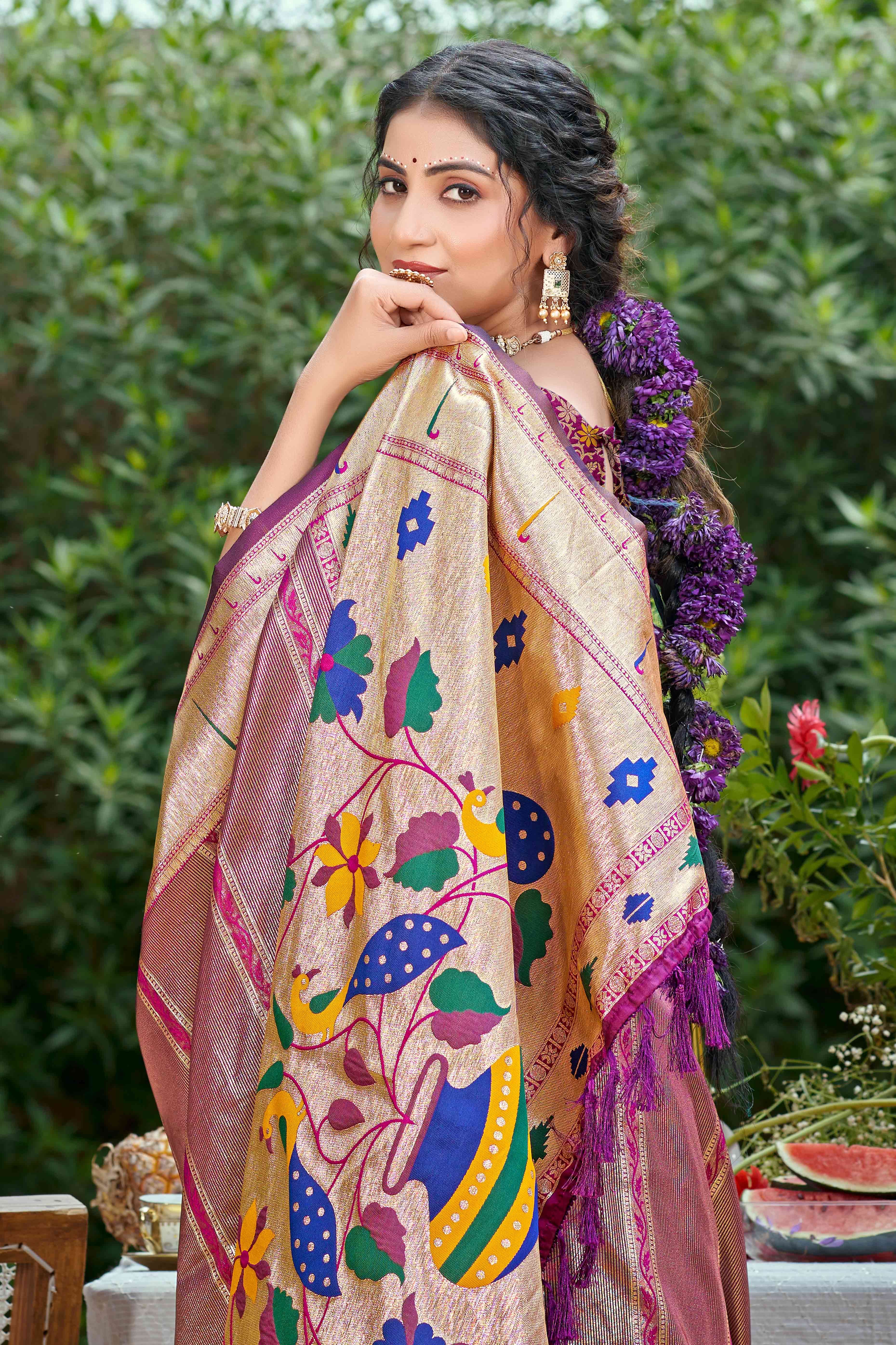 Purple Designer Weaving Silk Blend Saree Accented With Graceful Peacock & Floral Motif Pallu
