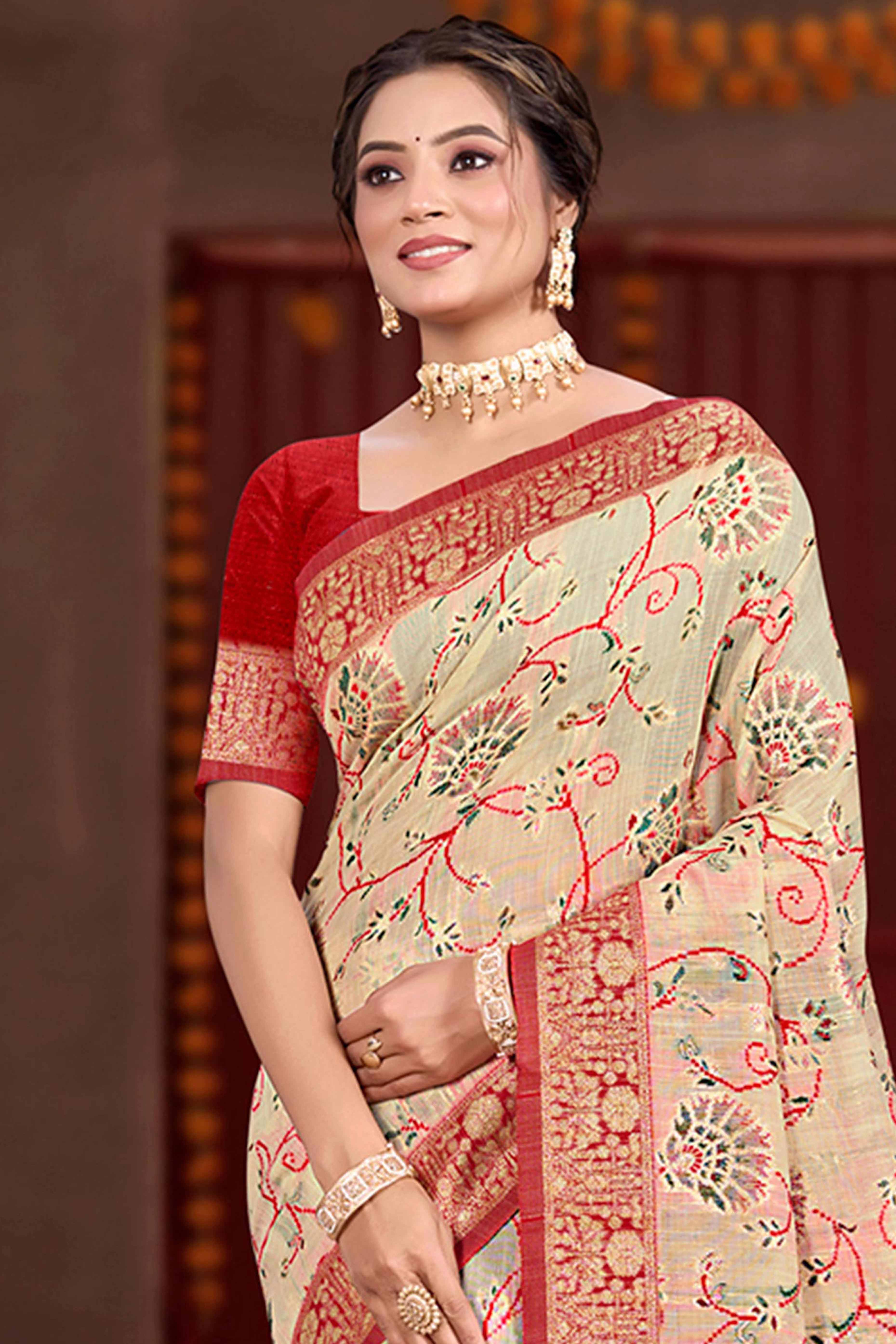 Elegant Beige Cotton Silk Saree Adorned With Floral Weaving & Graceful Tassel Pallu