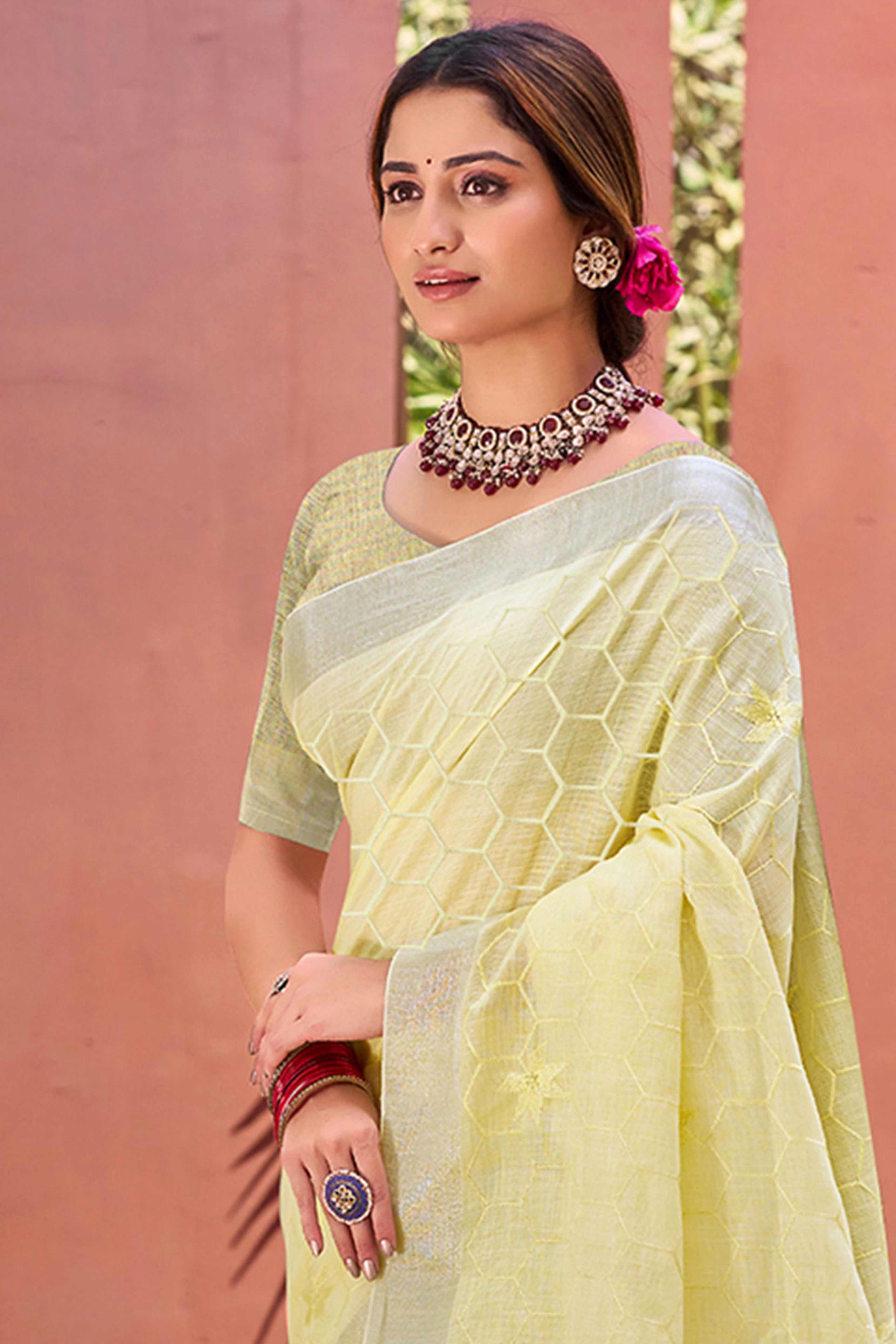 Yellow Classic Linen Saree Enhanced With Fine Geometric Embroidery Work & Tassel Pallu