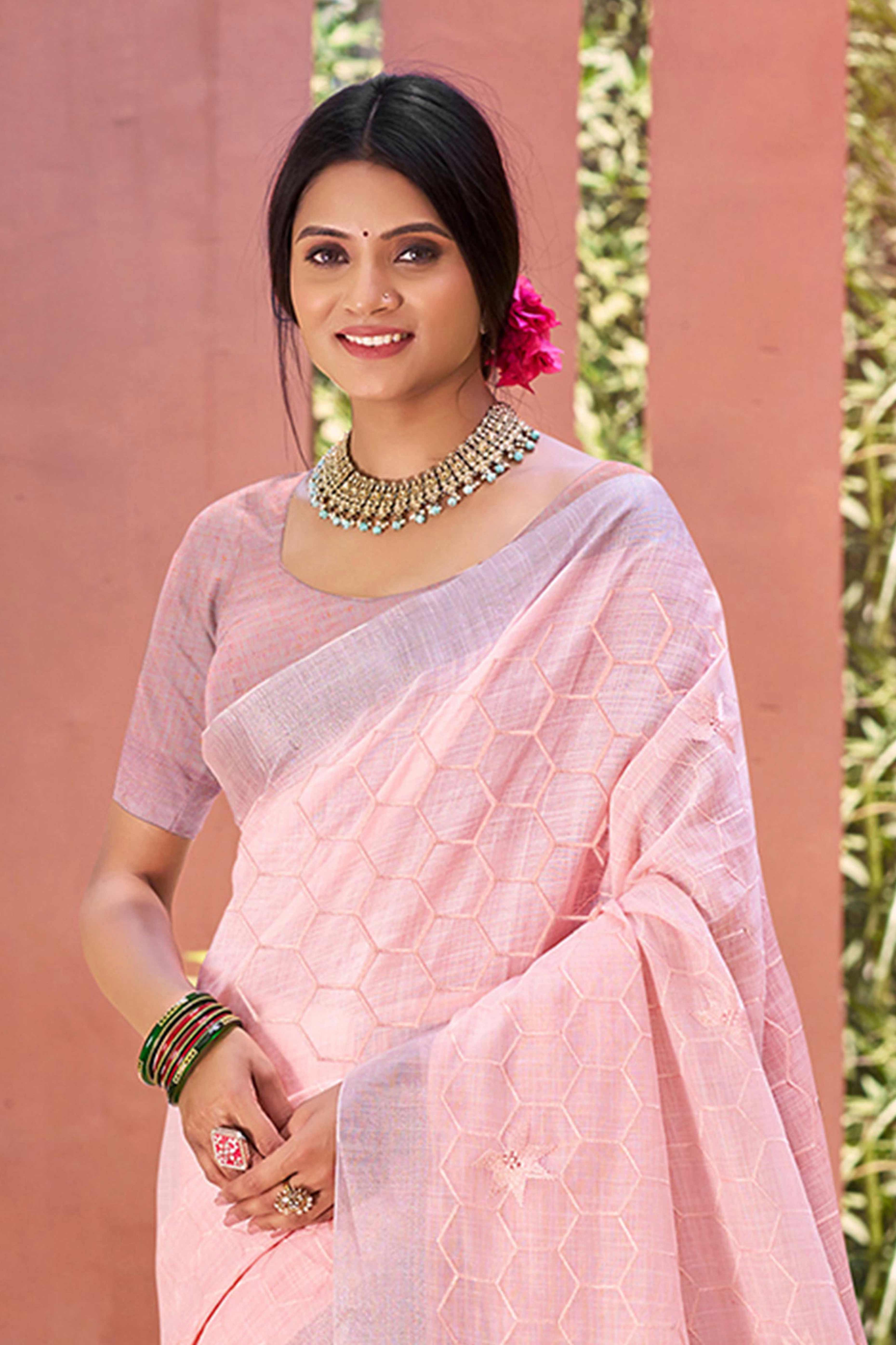 Pink Classic Linen Saree Enhanced With Fine Geometric Embroidery Work & Tassel Pallu