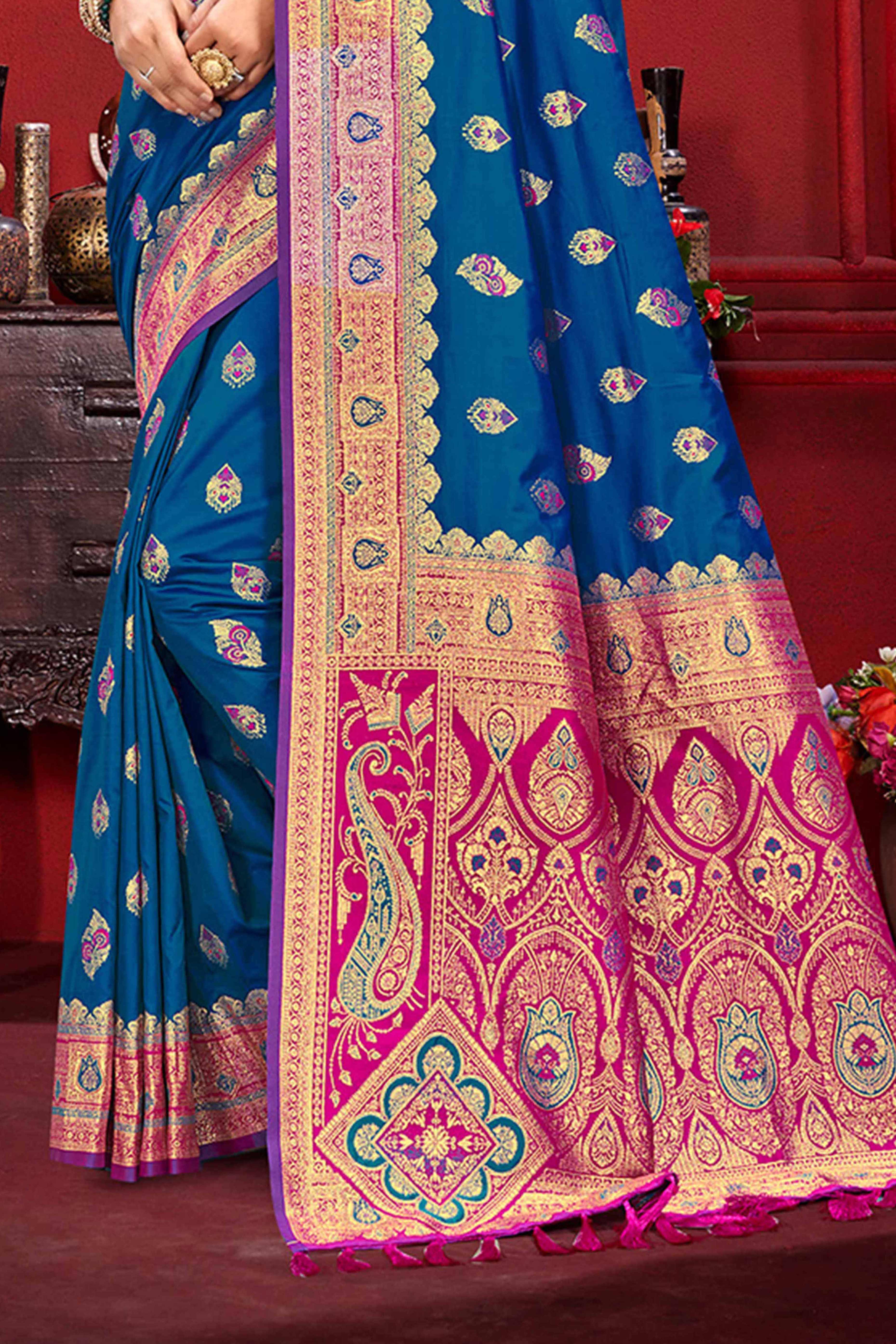 Designer Blue Floral Zari Weaving Silk Blend Saree With Stylish Tassel Pallu
