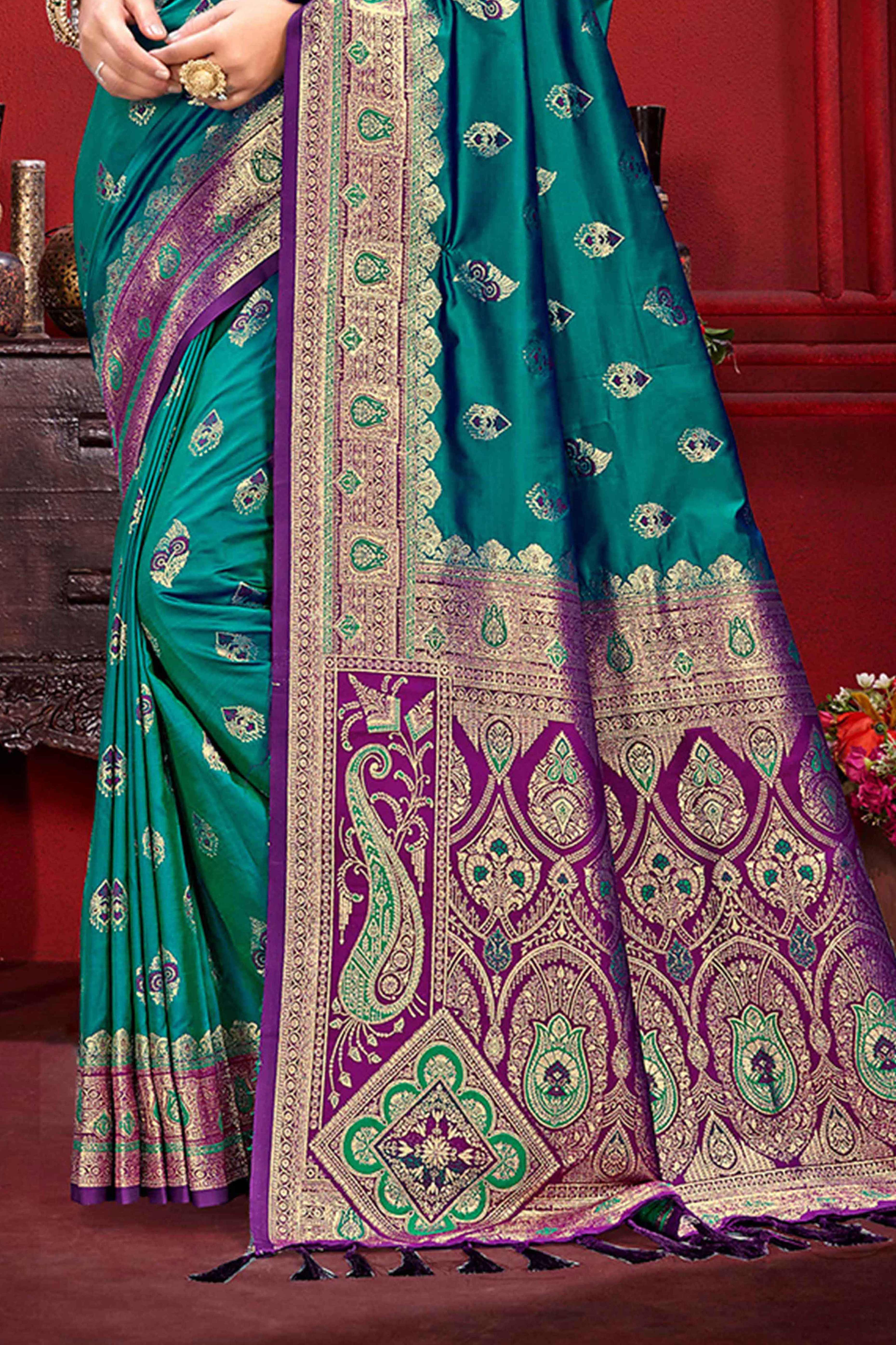 Designer Teal Floral Zari Weaving Silk Blend Saree With Stylish Tassel Pallu