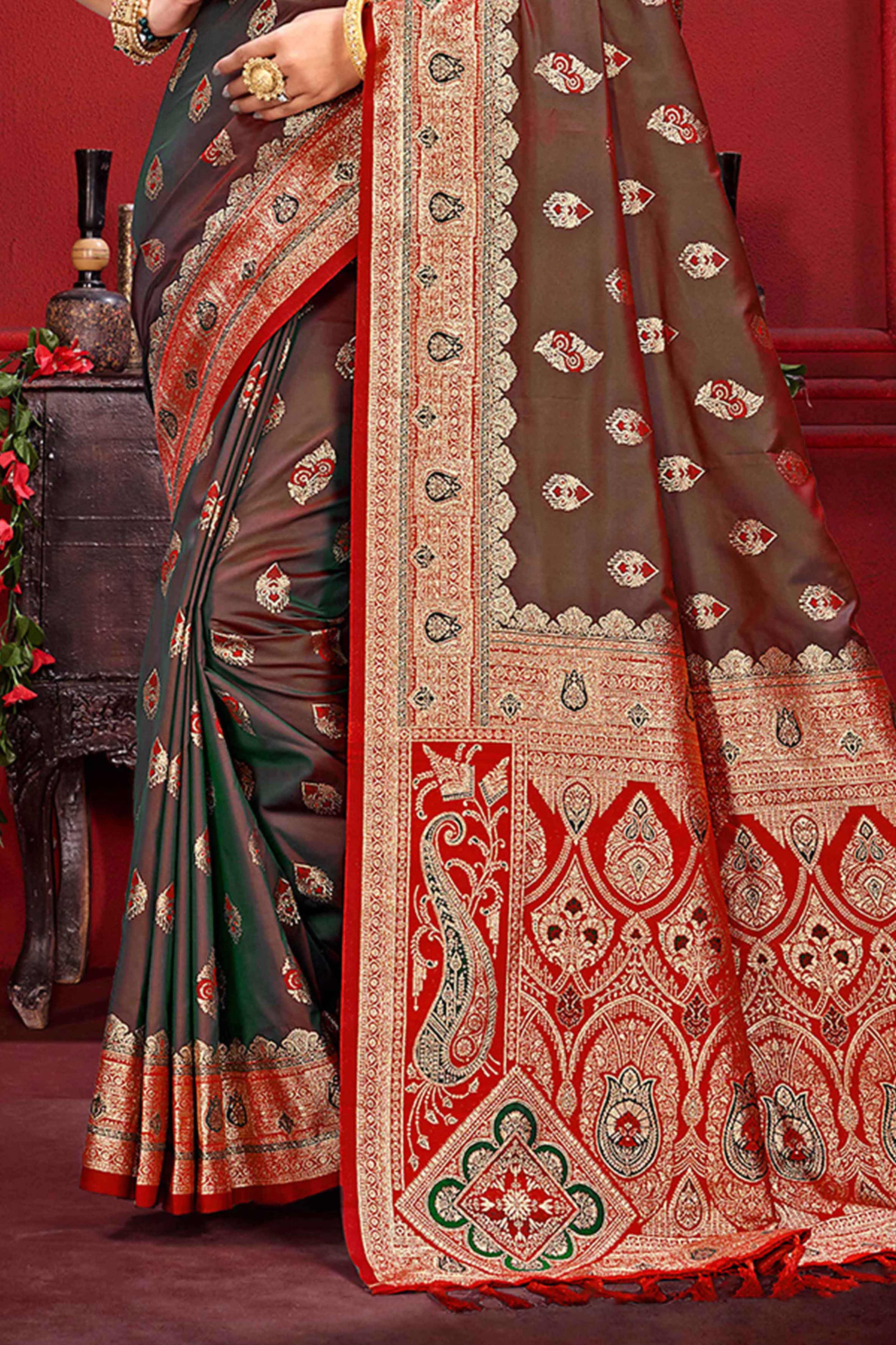 Designer Brown Floral Zari Weaving Silk Blend Saree With Stylish Tassel Pallu