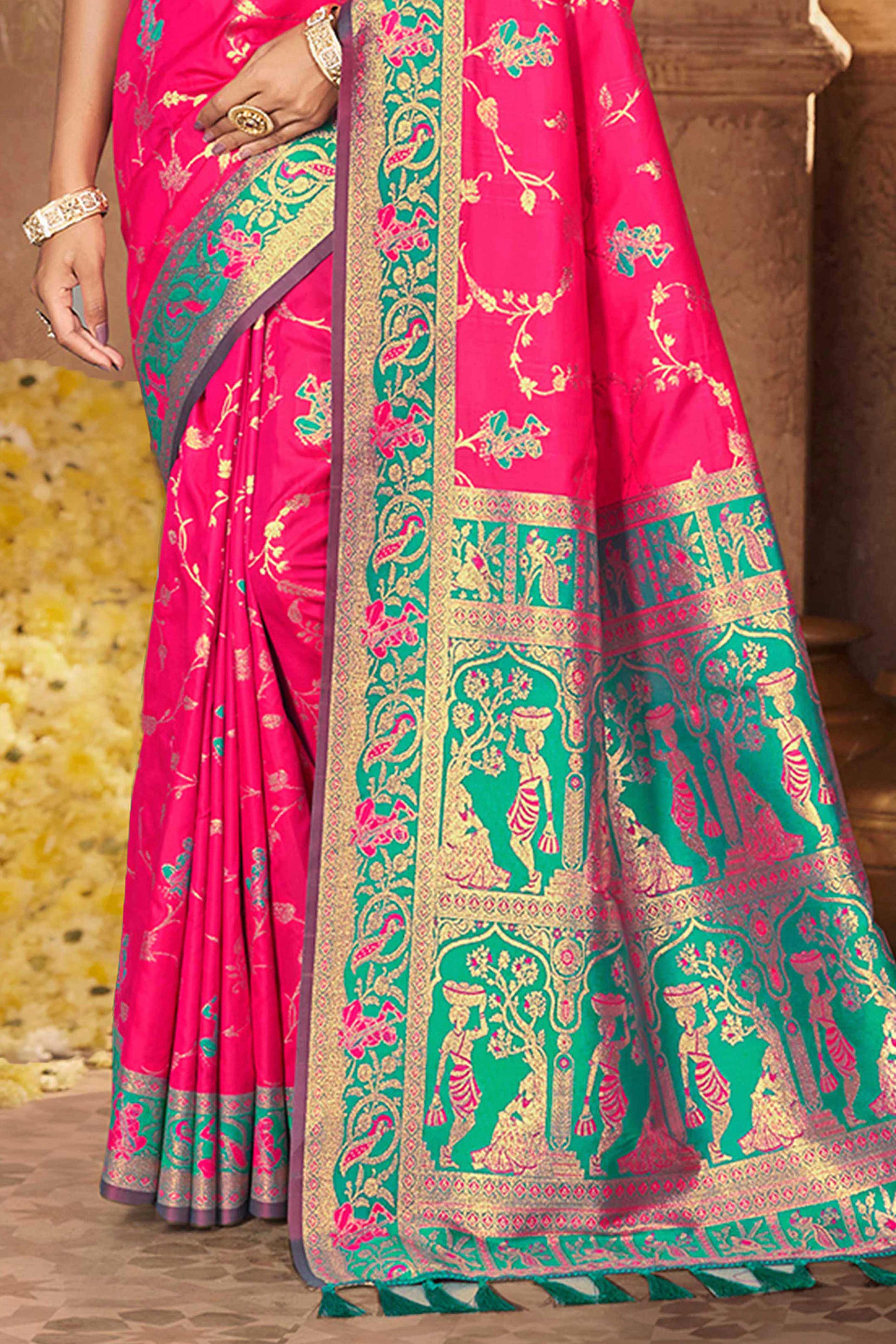 Radiant Pink Floral Zari Weaving Silk Blend Saree With Tassel Pallu