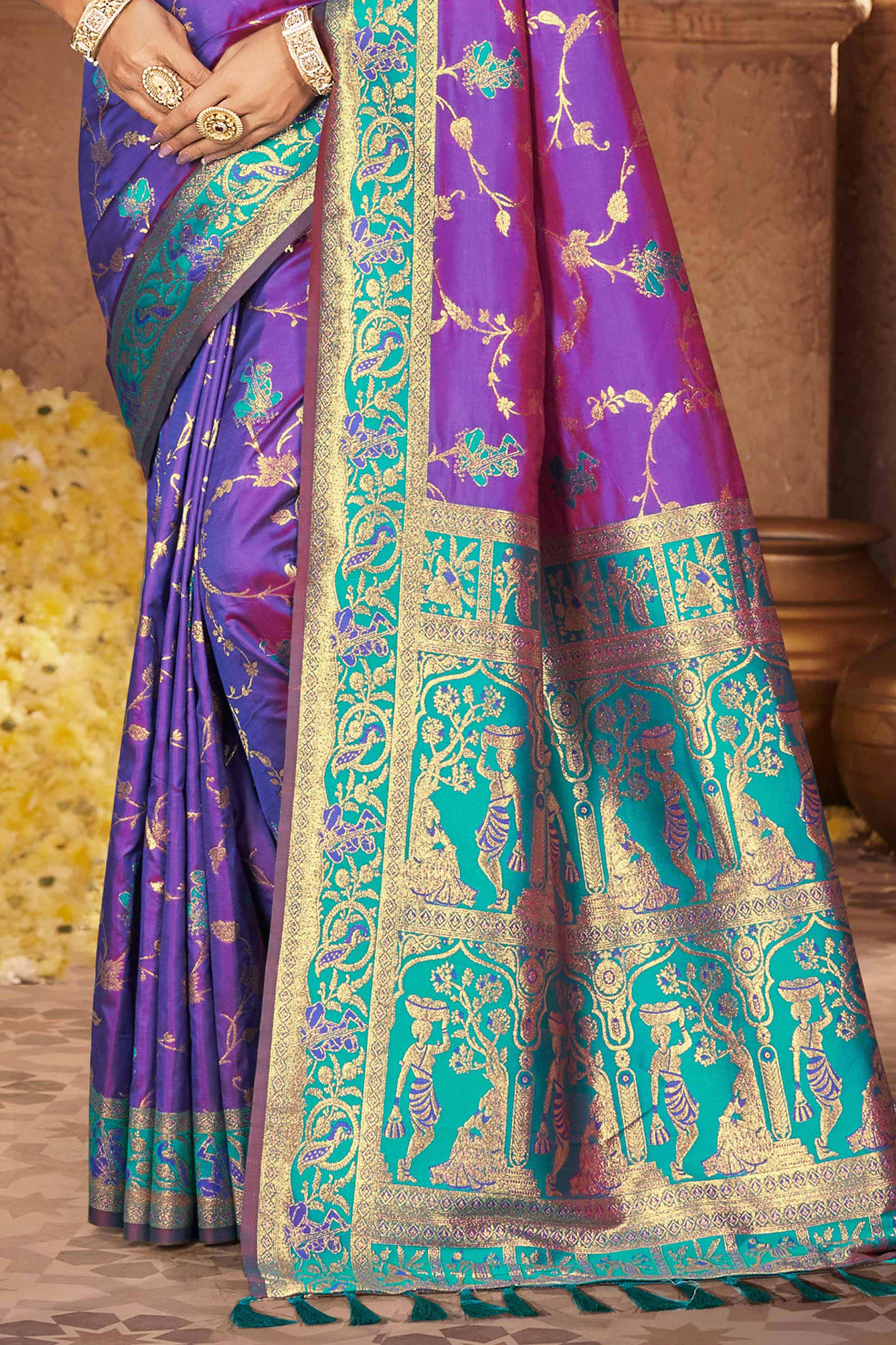 Radiant Purple Floral Zari Weaving Silk Blend Saree With Tassel Pallu