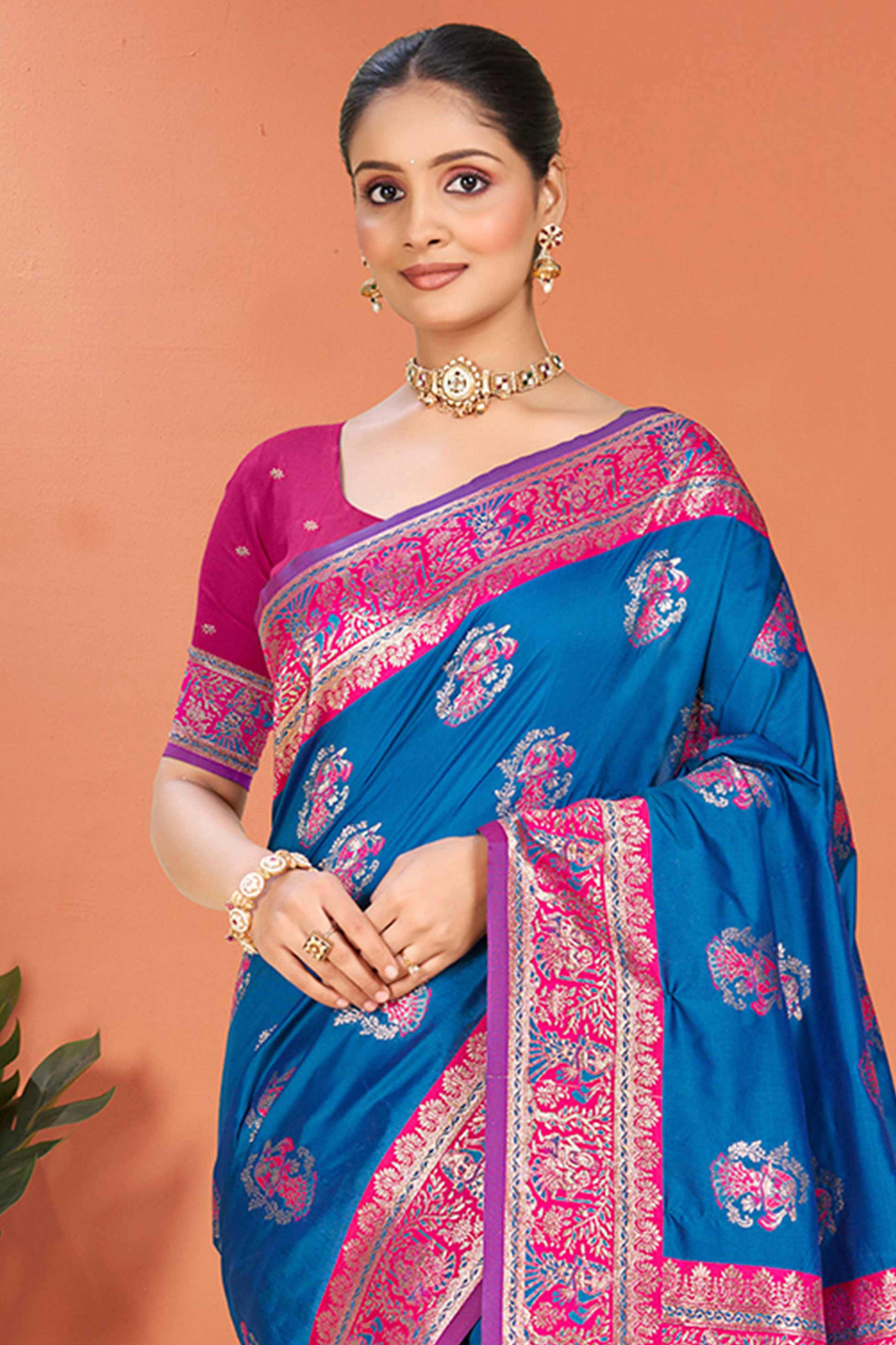Blue Traditional Zari Weaving Silk Blend Saree Accented With Tassel Pallu