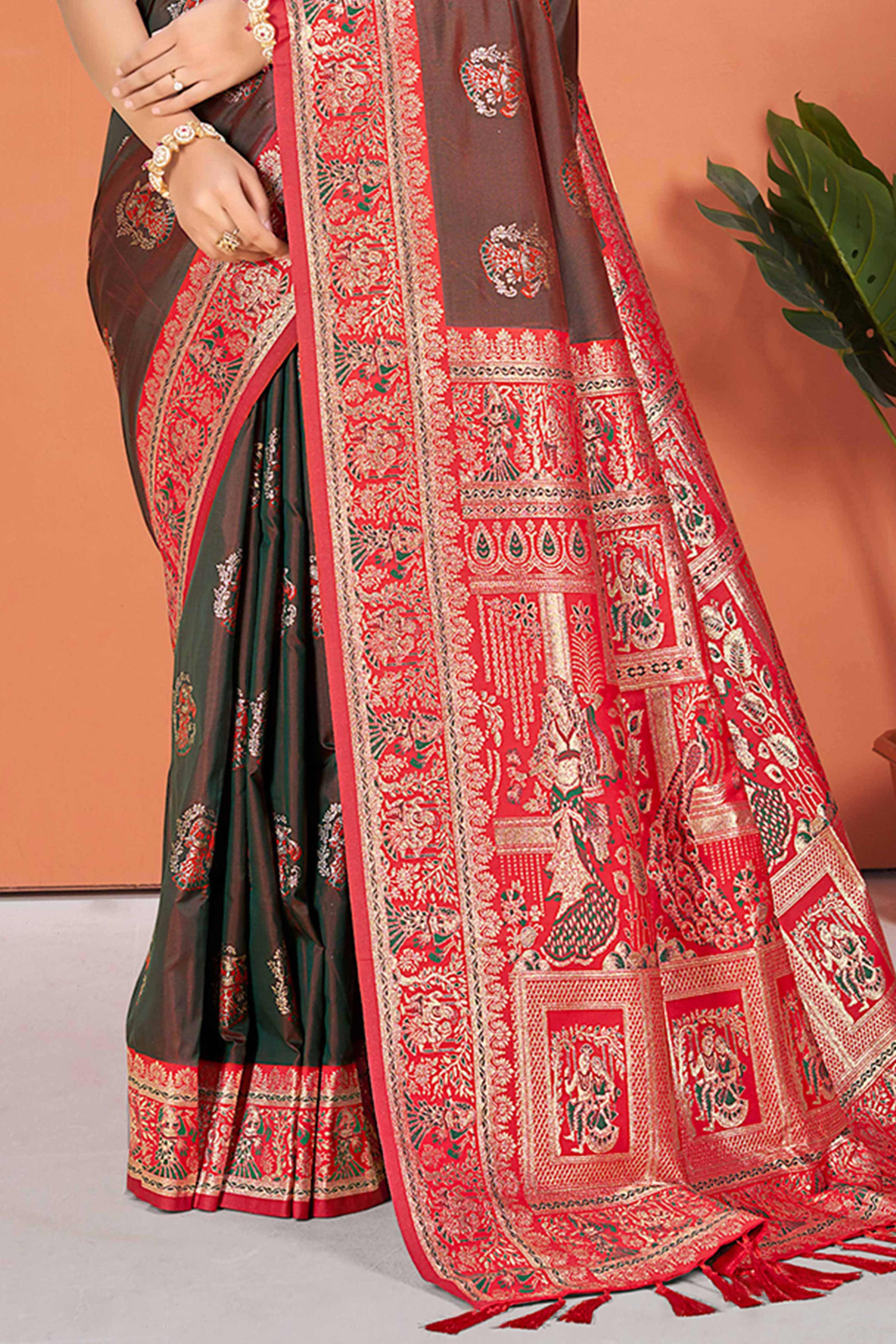Brown Traditional Zari Weaving Silk Blend Saree Accented With Tassel Pallu