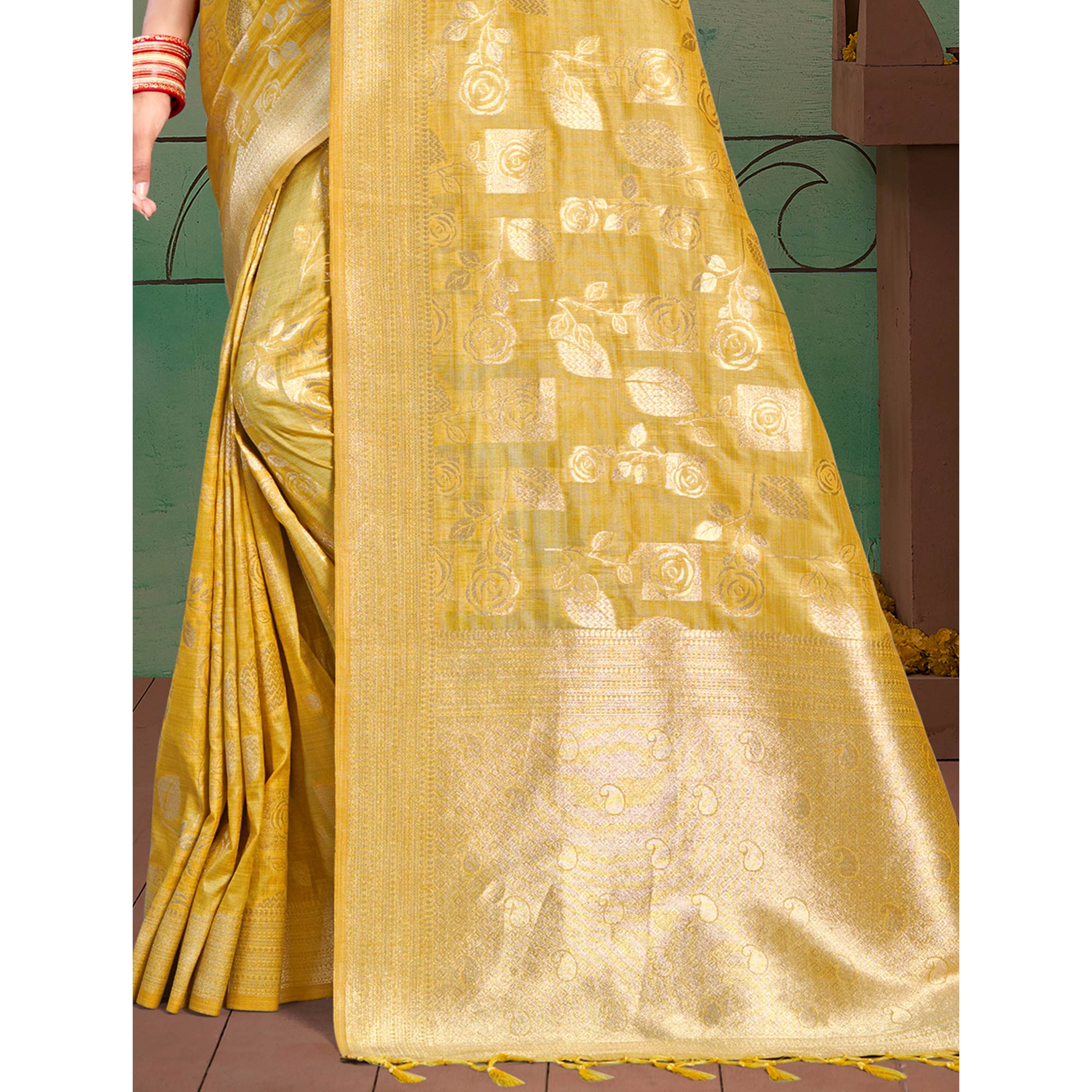 Yellow Floral Woven Cotton Silk Saree With Tassels
