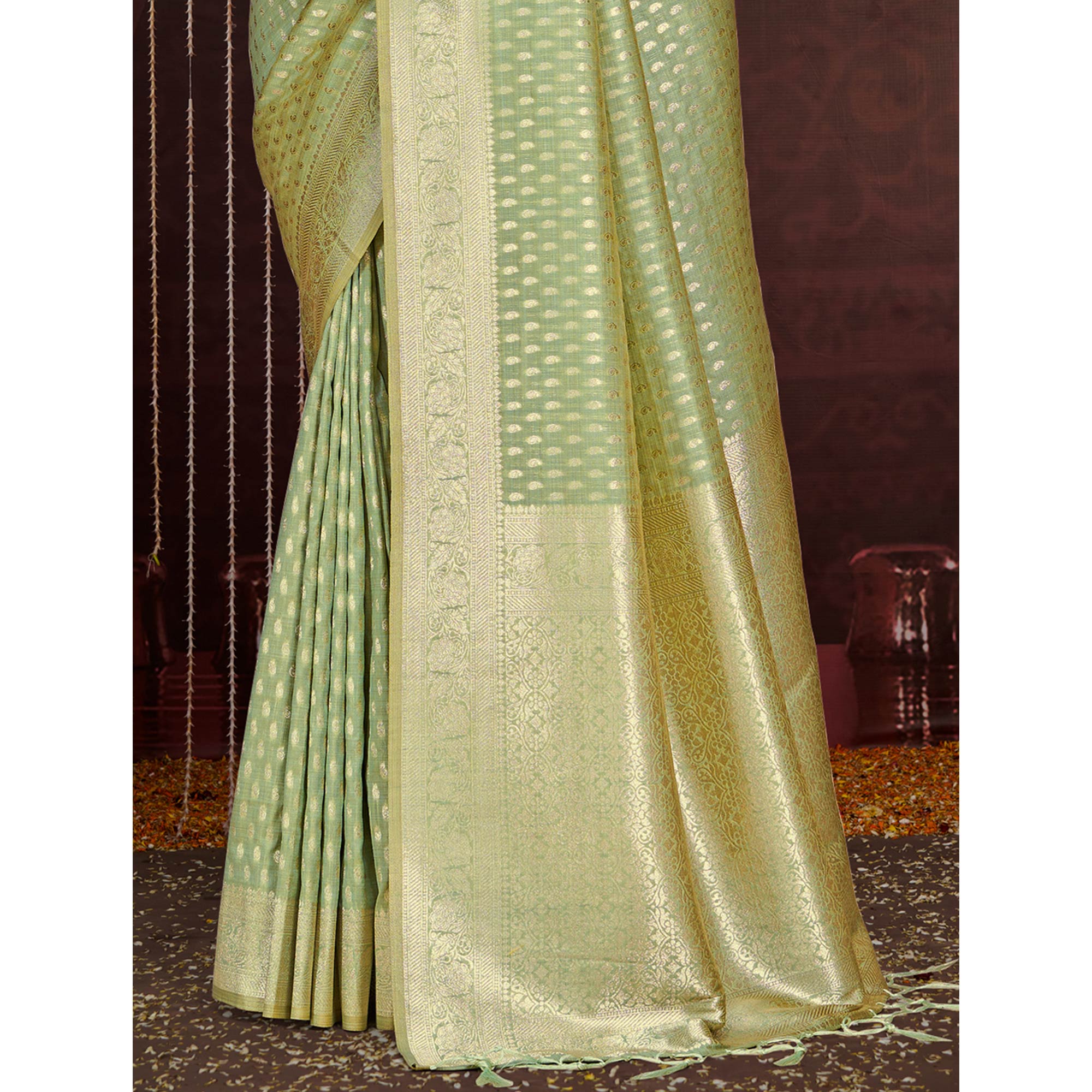 Green Floral Woven Cotton Silk Saree With Tassels