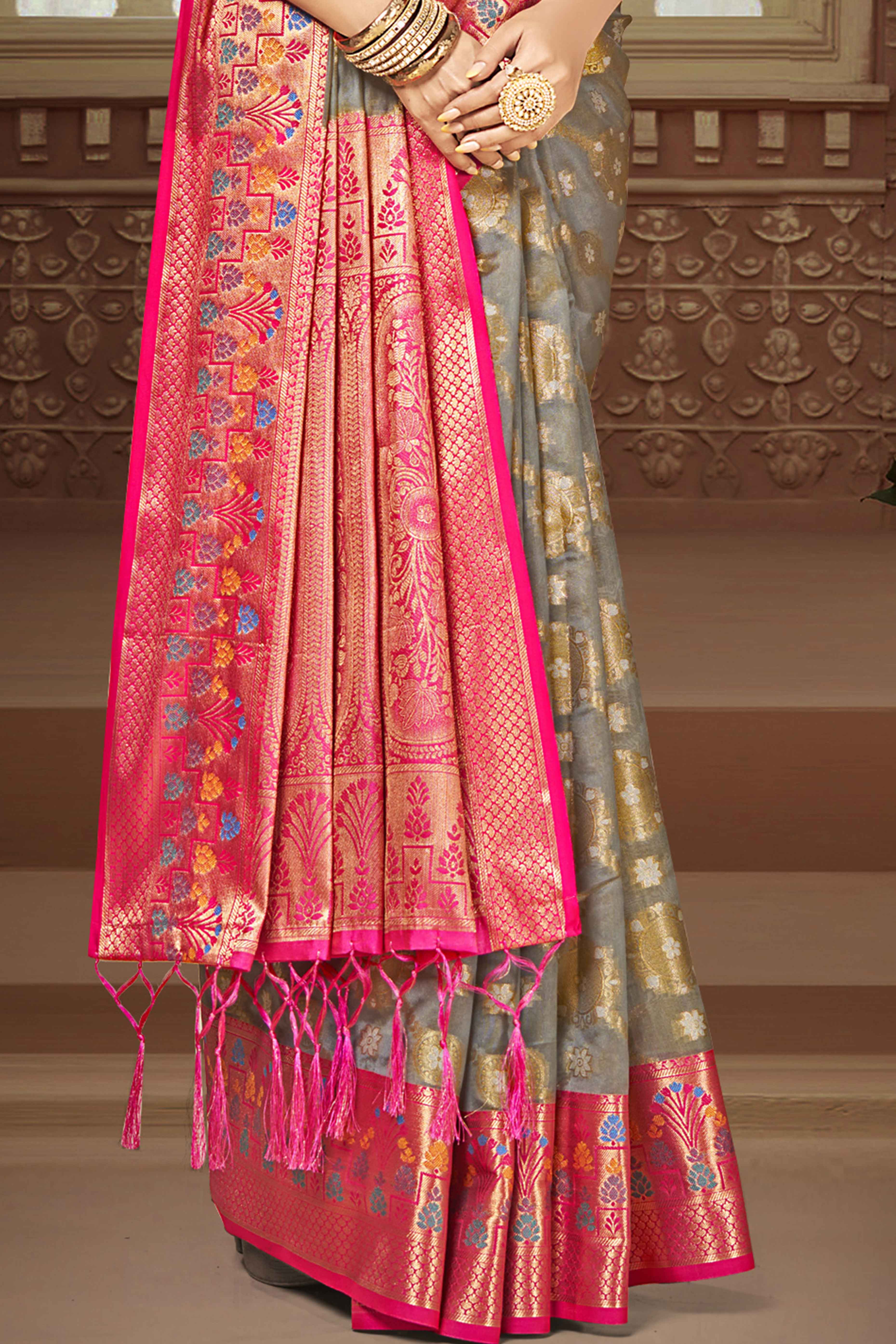 Grey Floral Woven Banarasi Silk Saree With Tassels