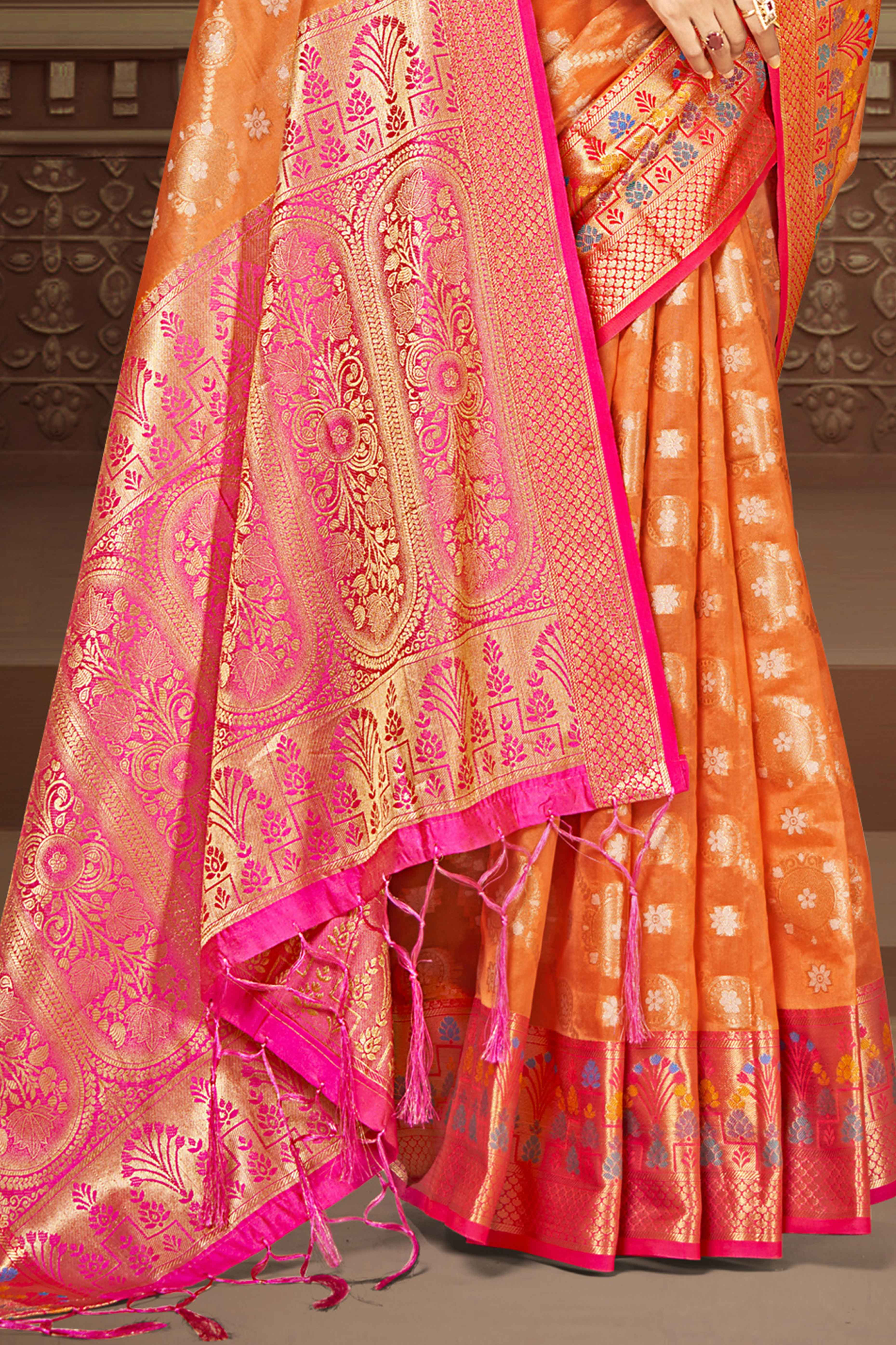 Orange Floral Woven Banarasi Silk Saree With Tassels