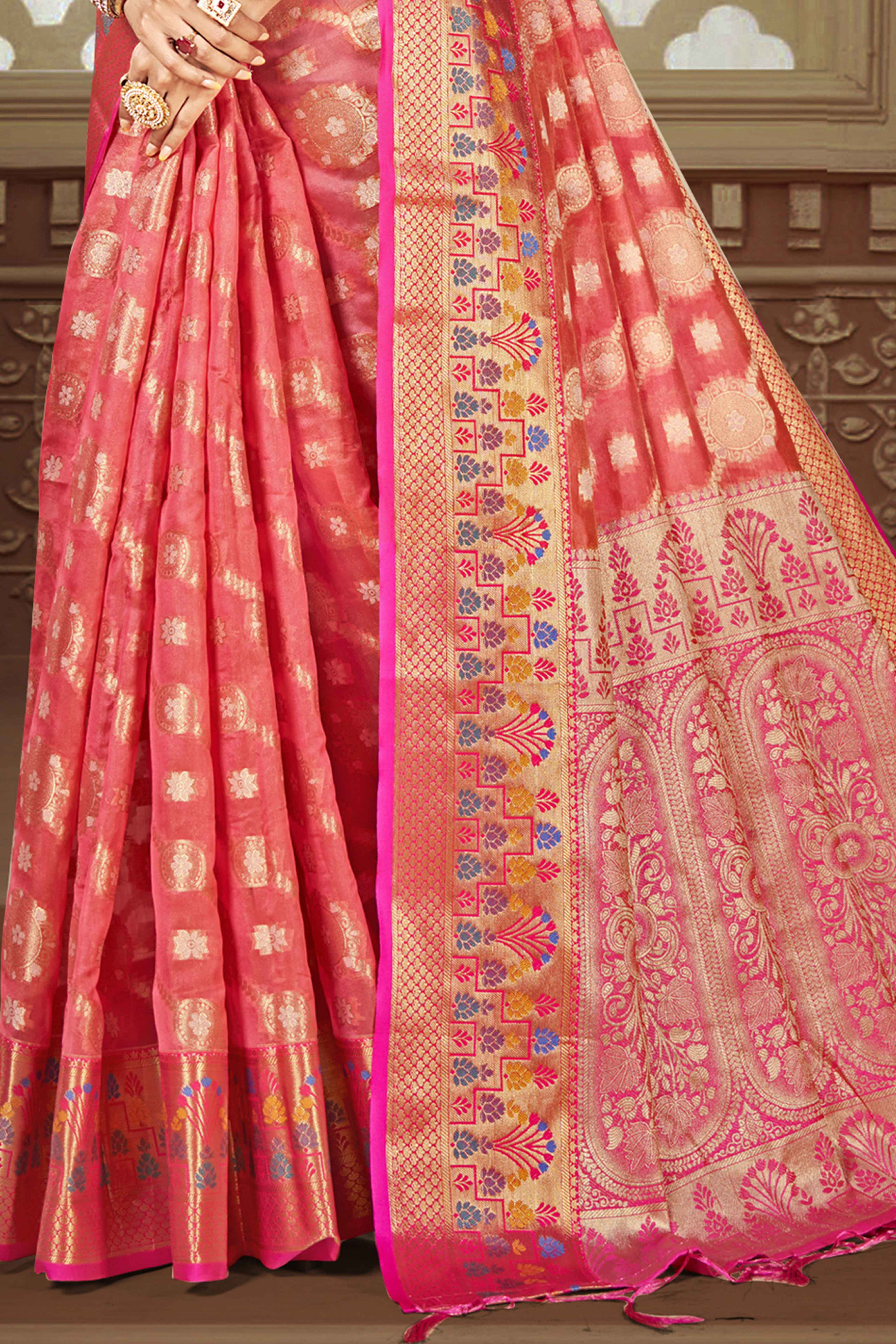 Pink Floral Woven Banarasi Silk Saree With Tassels