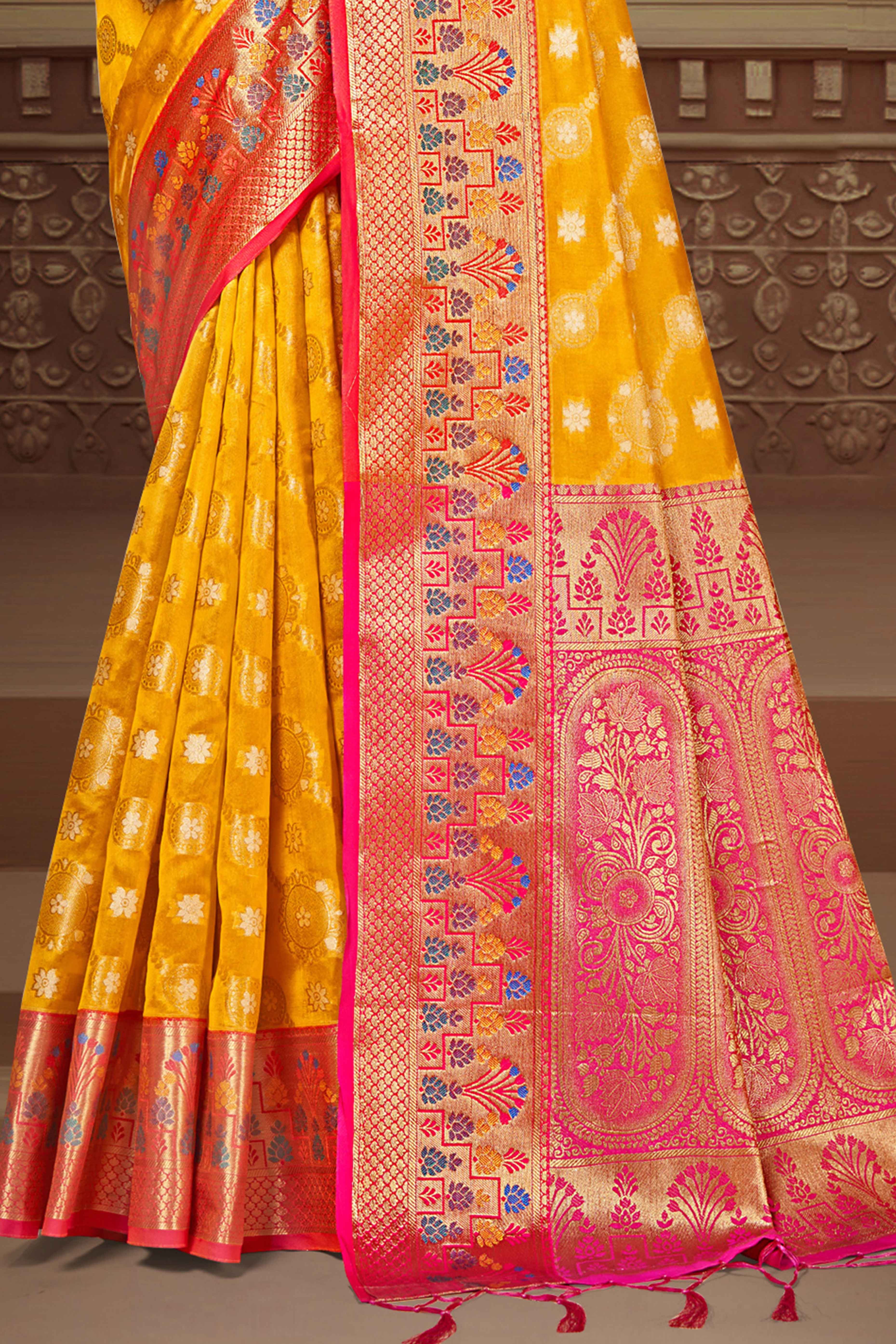 Yellow Floral Woven Banarasi Silk Saree With Tassels