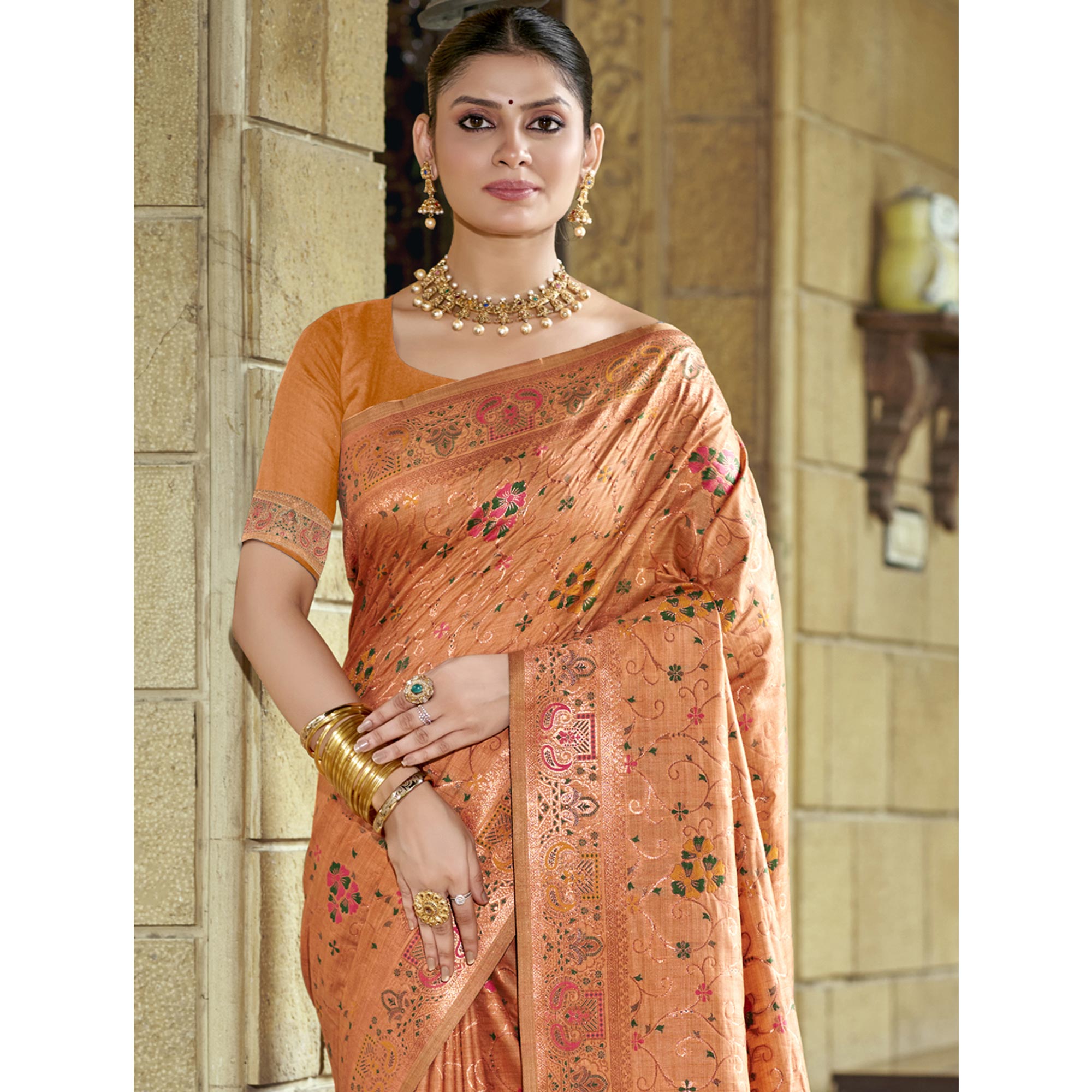 Peach Floral Zari Woven Cotton Silk Saree