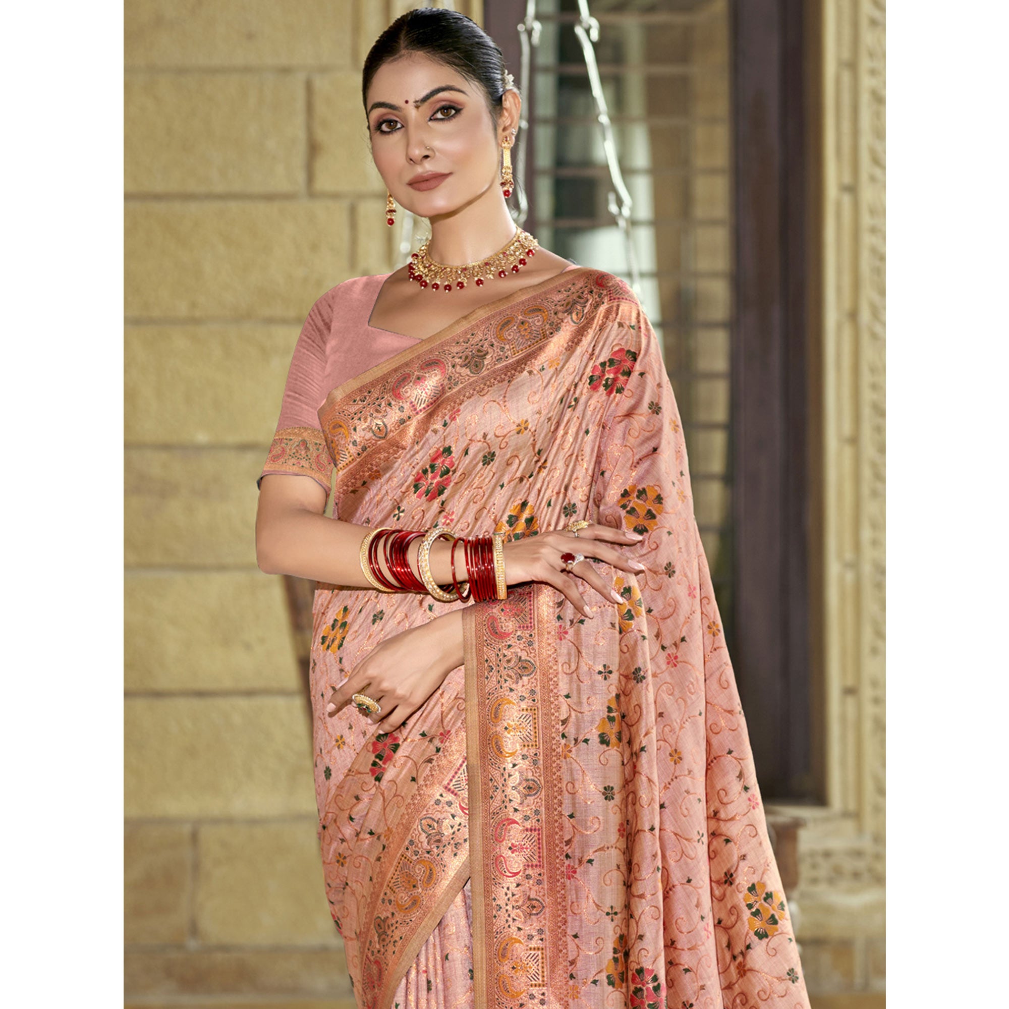 Light Pink Floral Zari Woven Cotton Silk Saree