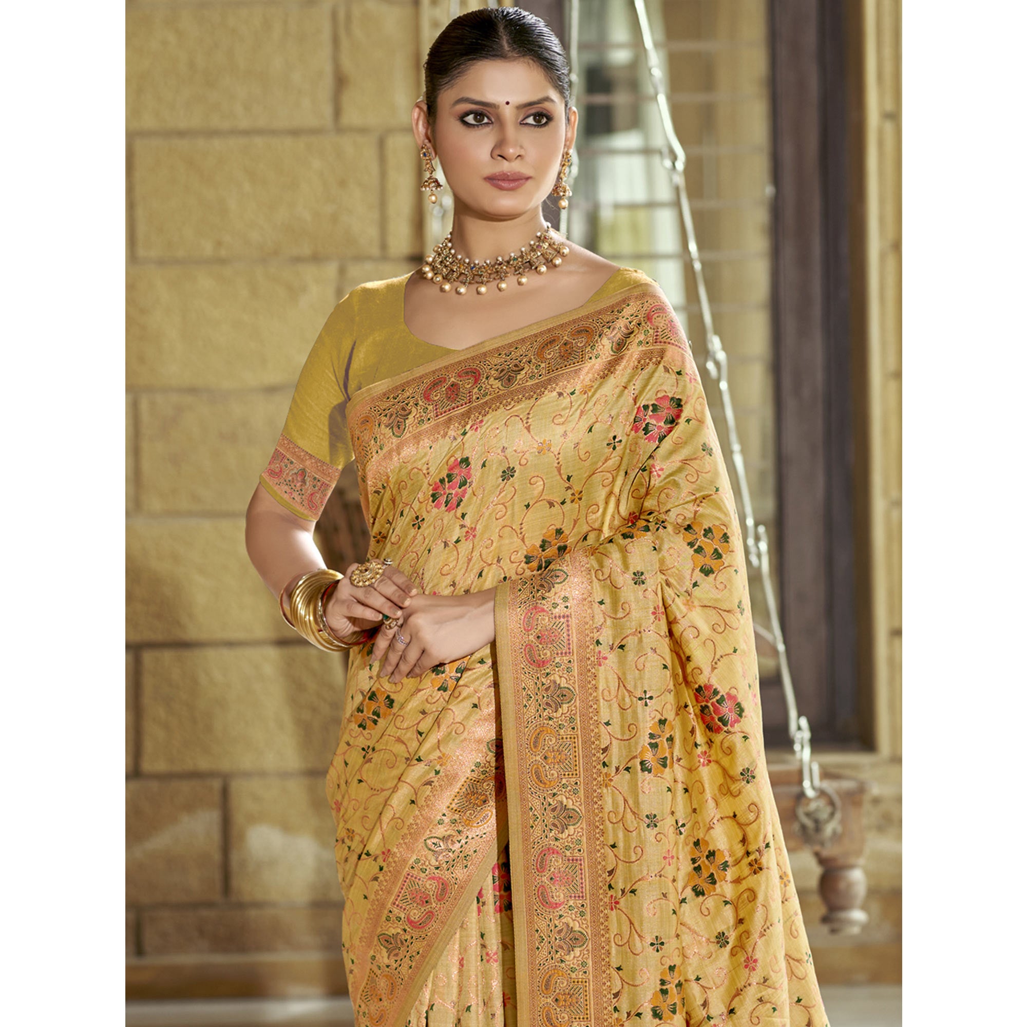 Yellow Floral Zari Woven Cotton Silk Saree