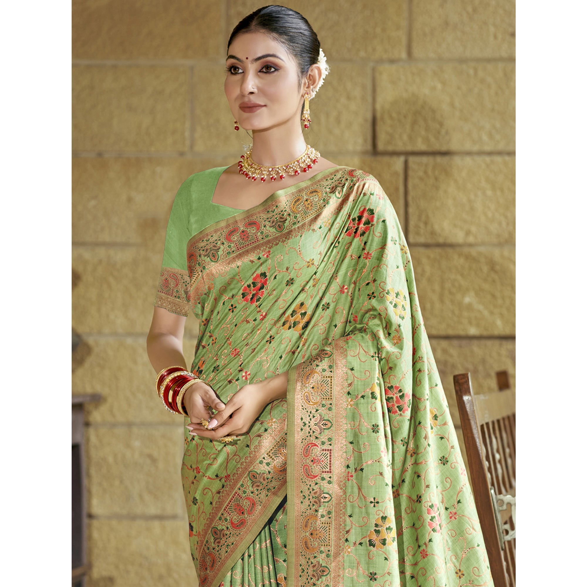 Green Floral Zari Woven Cotton Silk Saree