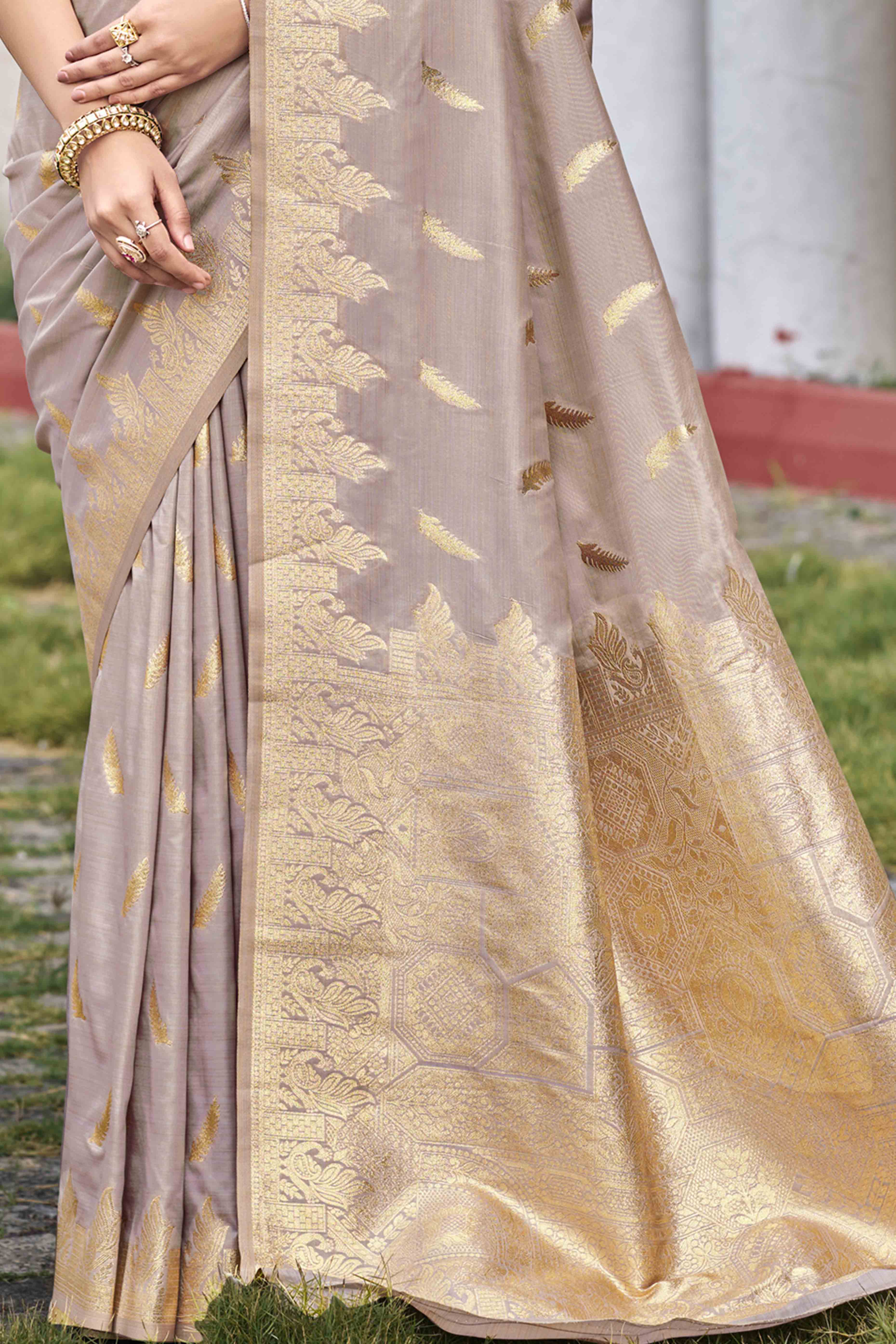 Light Taupe Banarasi Silk Saree With Delicate Floral Zari Weaving