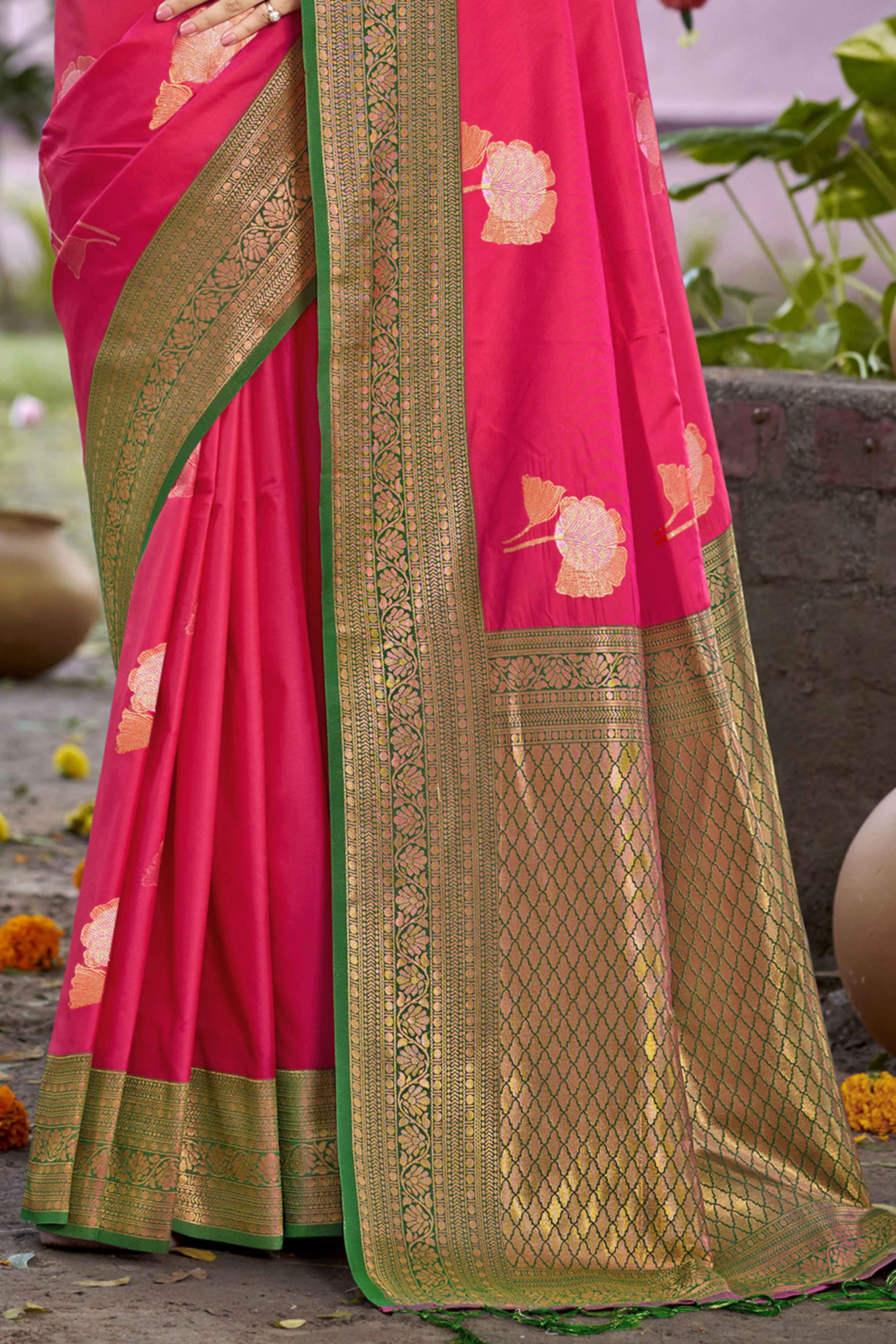 Rani Pink Floral Woven Banarasi Silk Saree With Tassels