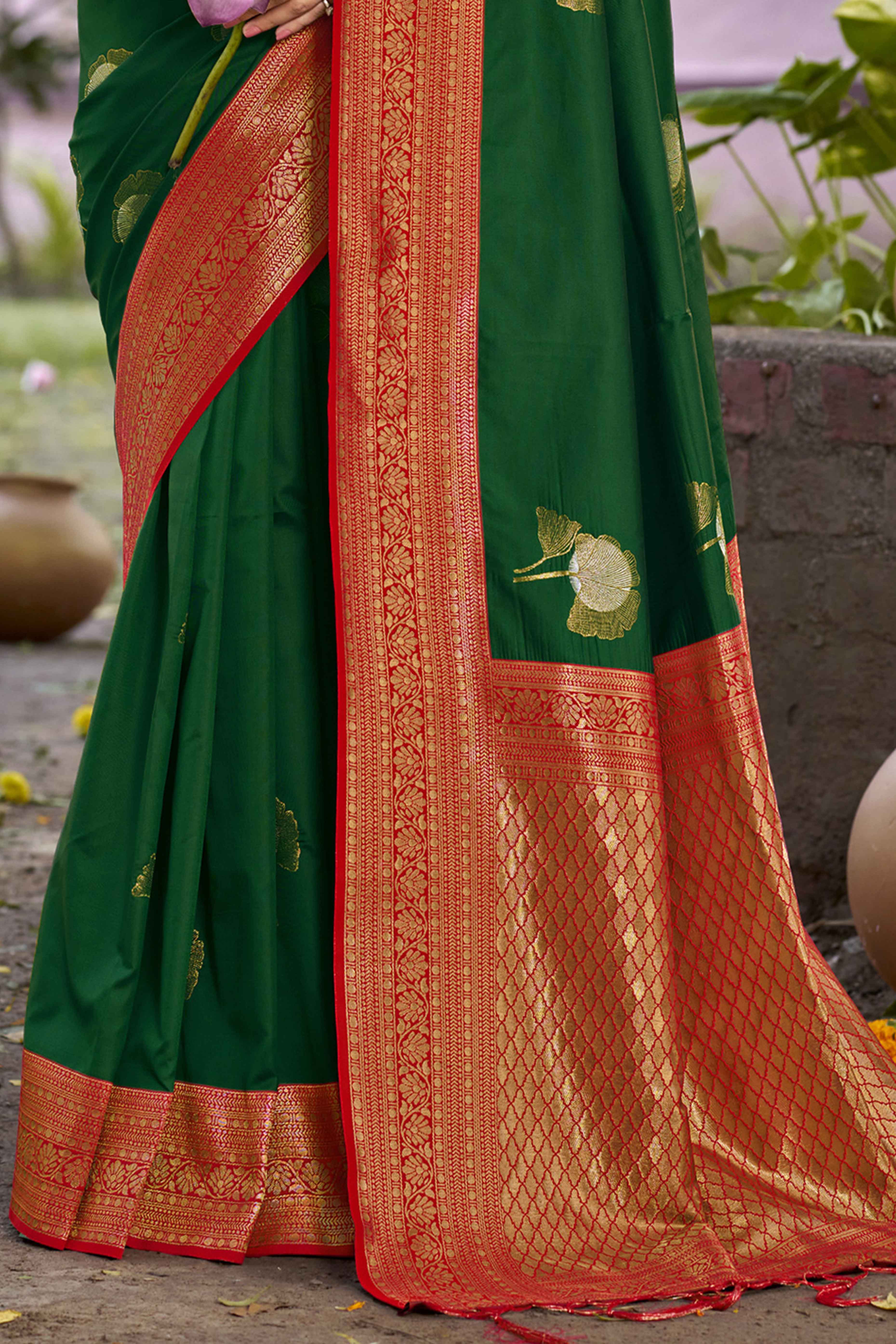 Green Floral Woven Banarasi Silk Saree With Tassels