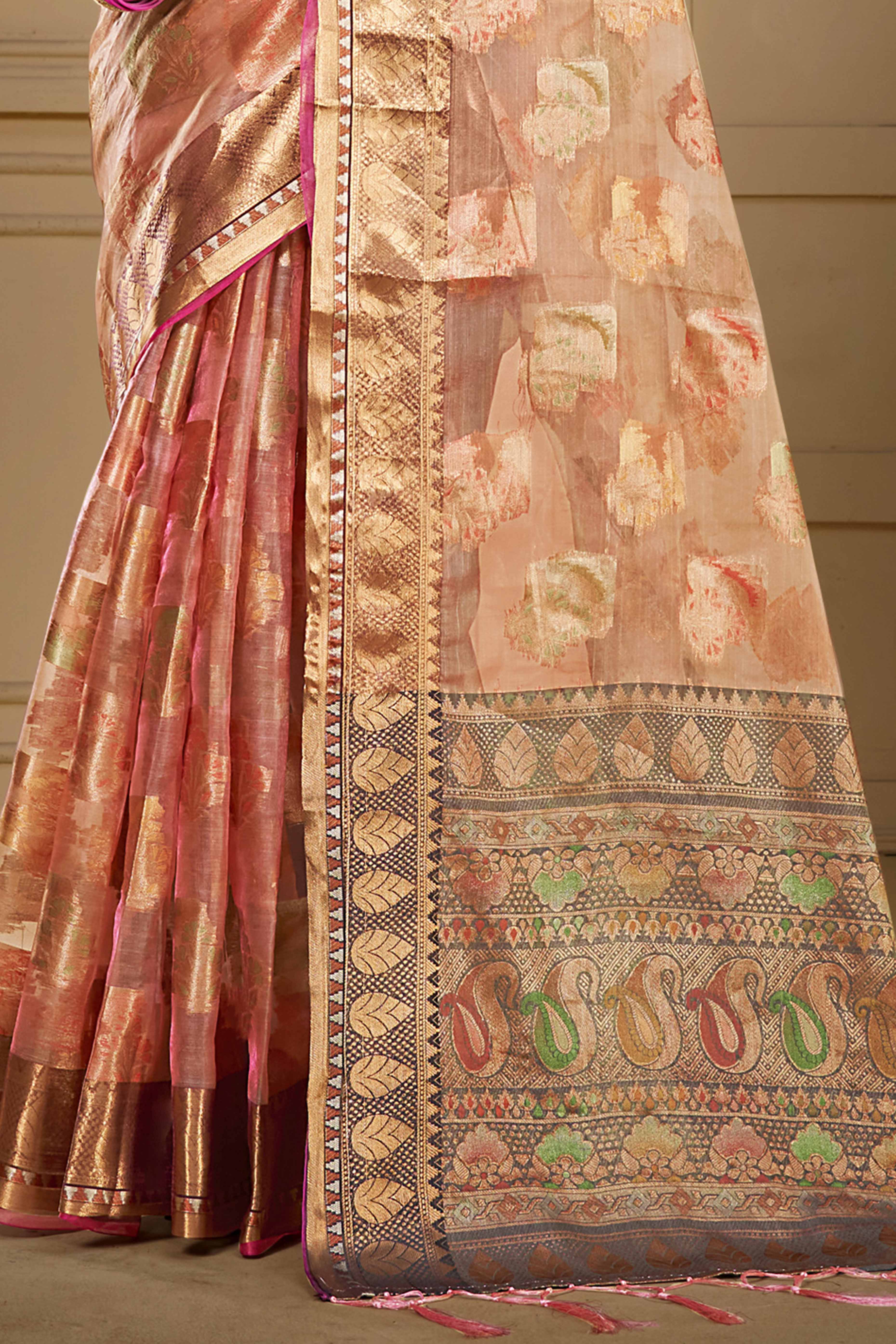 Peach Floral Woven Organza Saree With Tassels