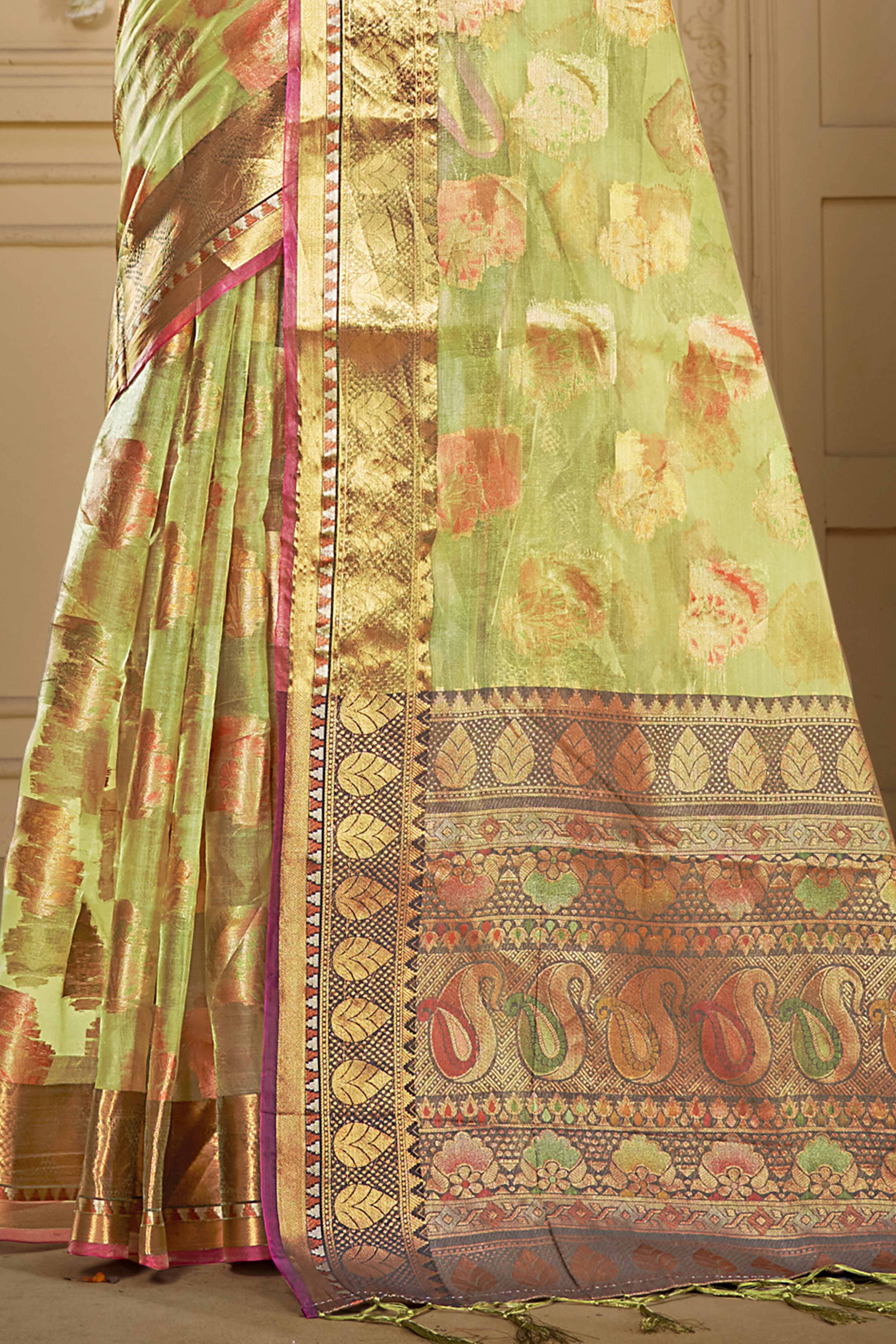 Light Green Floral Woven Organza Saree With Tassels