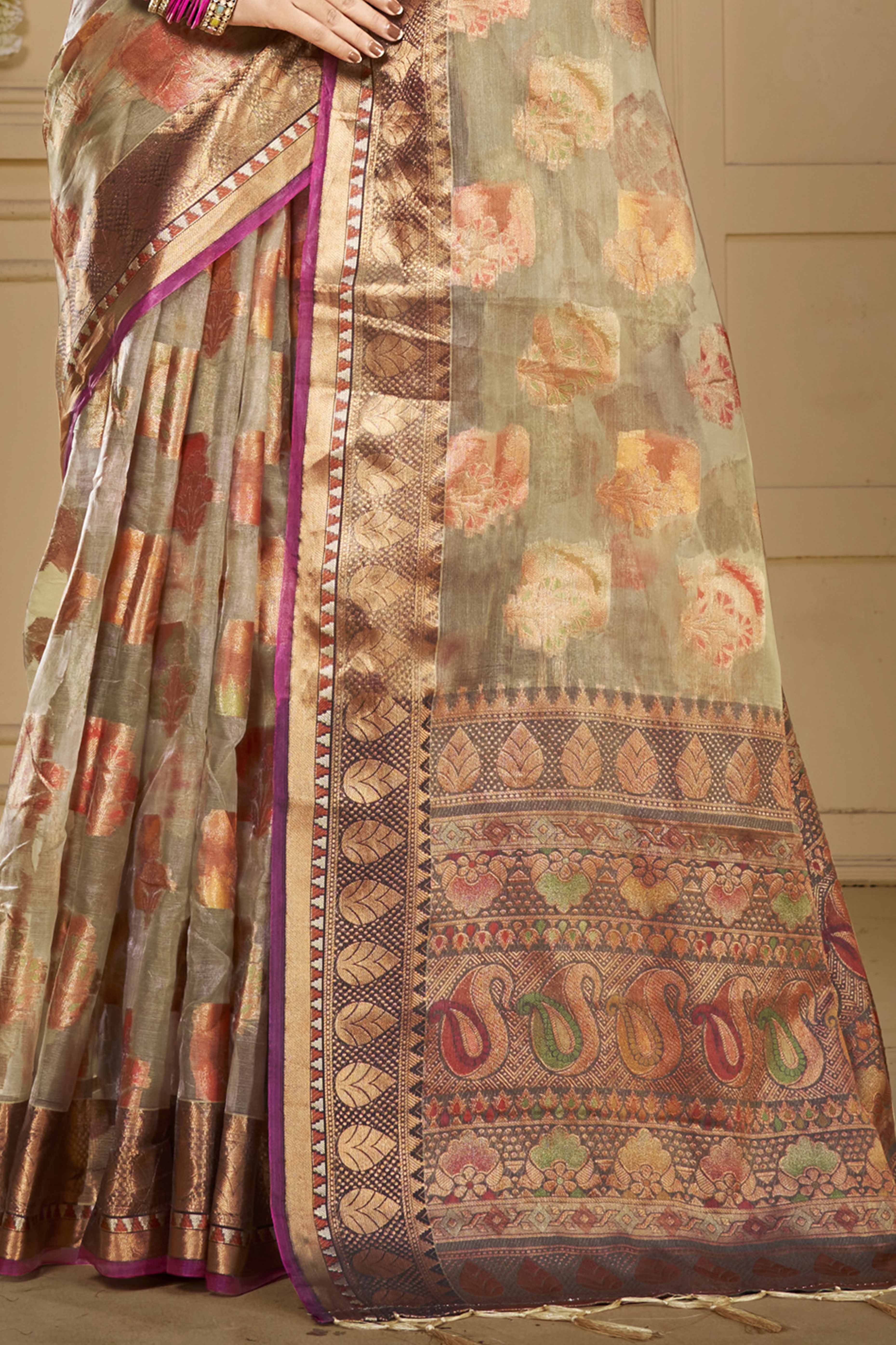 Grey Floral Woven Organza Saree With Tassels