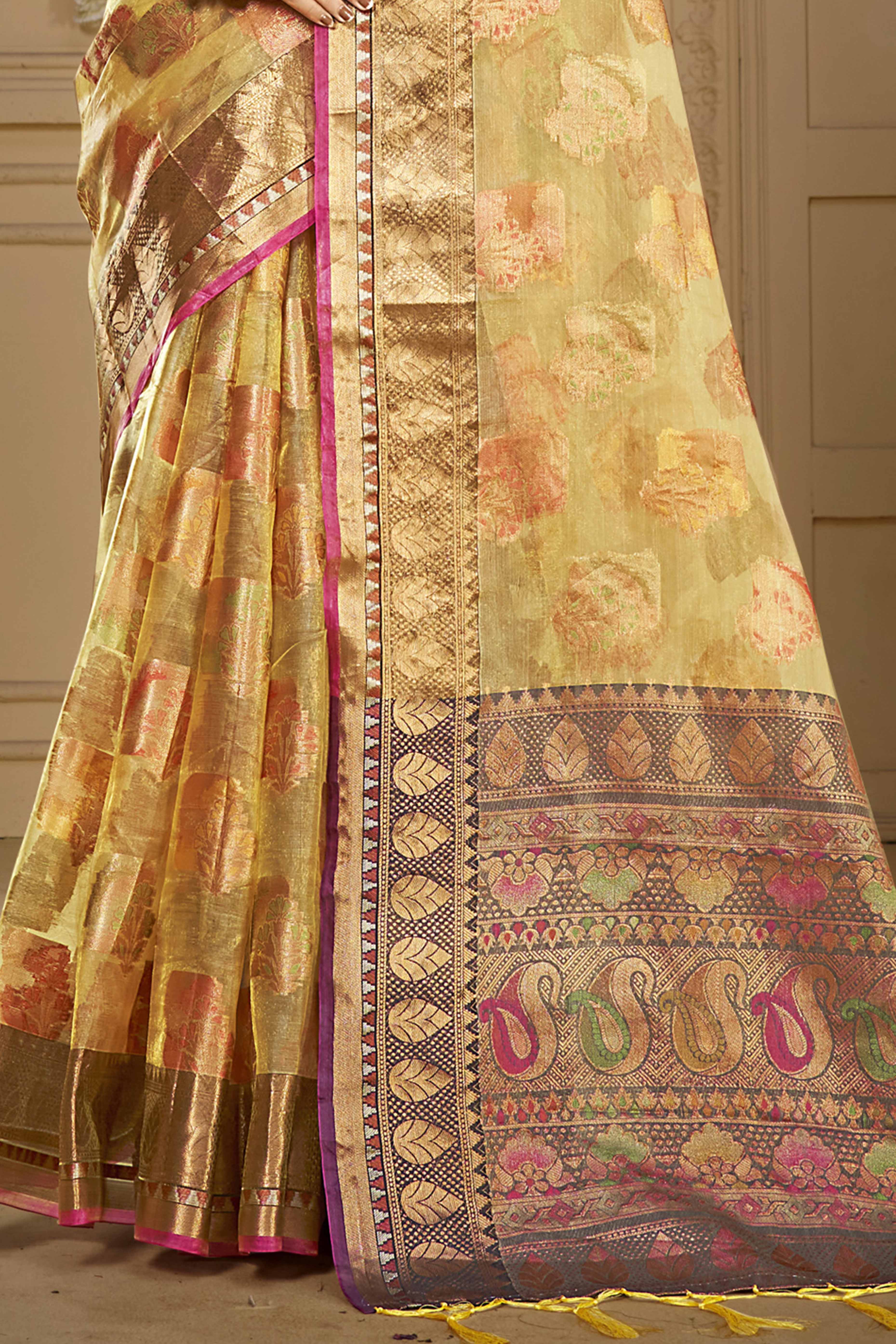 Yellow Floral Woven Organza Saree With Tassels