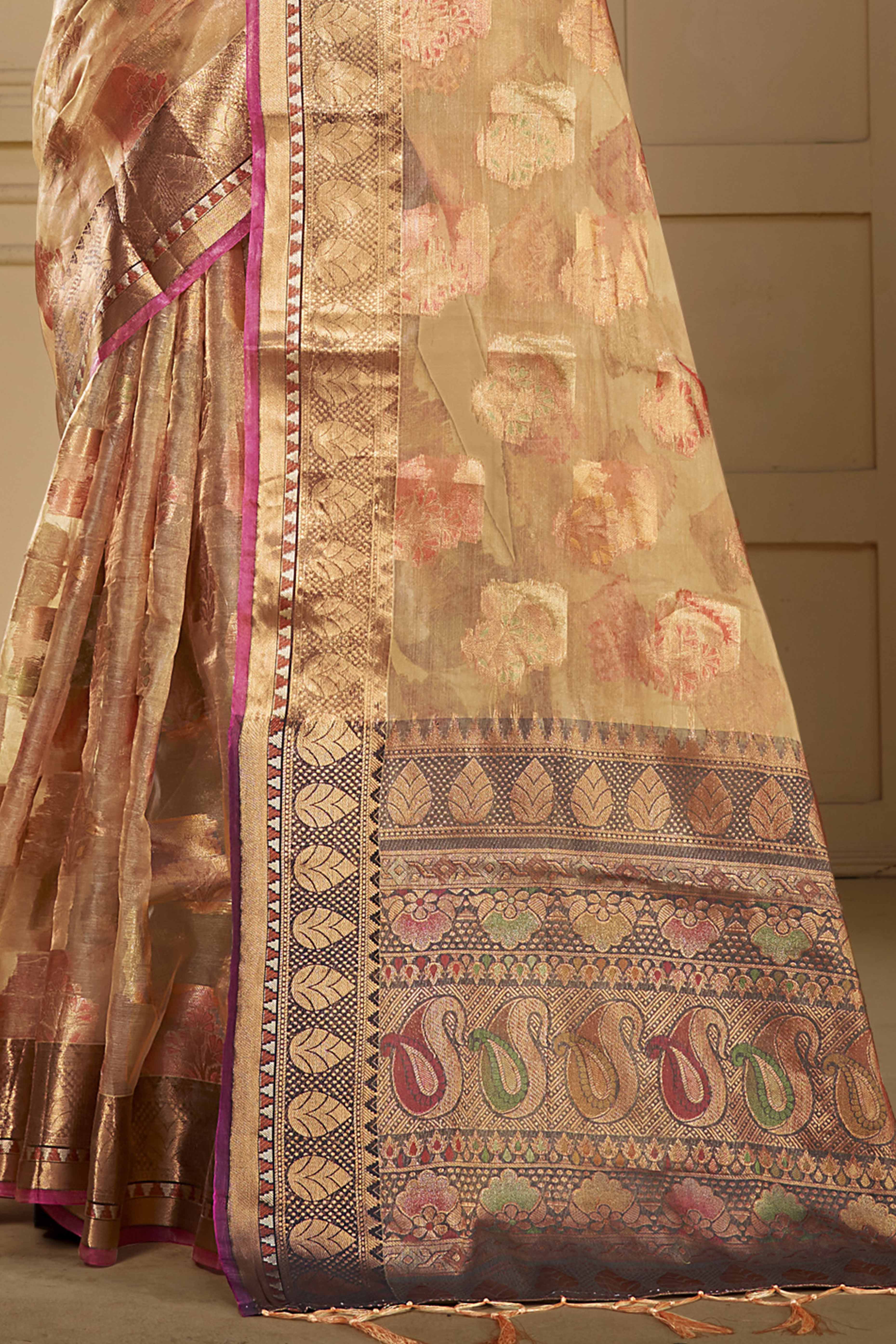 Beige Floral Woven Organza Saree With Tassels