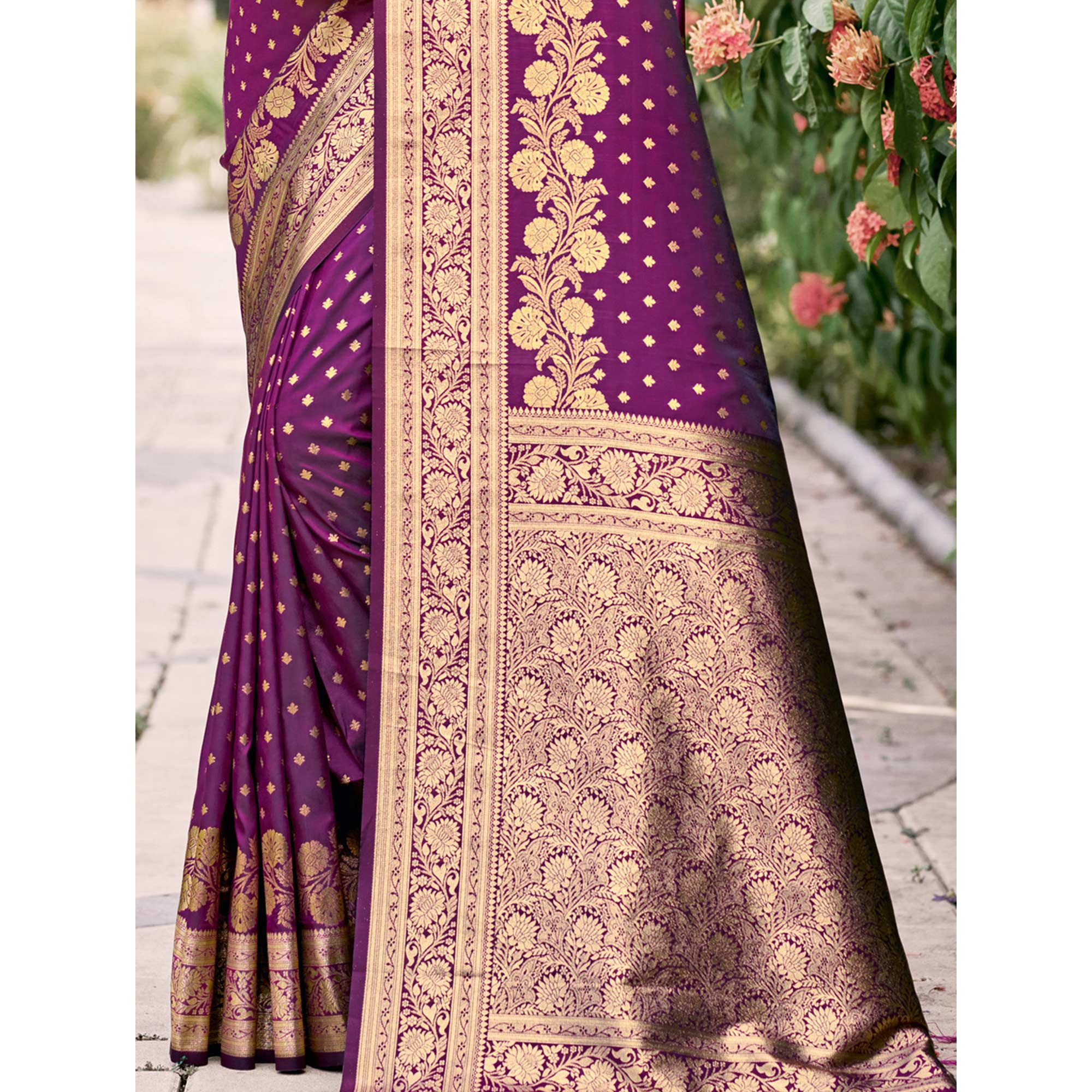 Purple Floral Woven Banarasi Silk Saree With Tassels