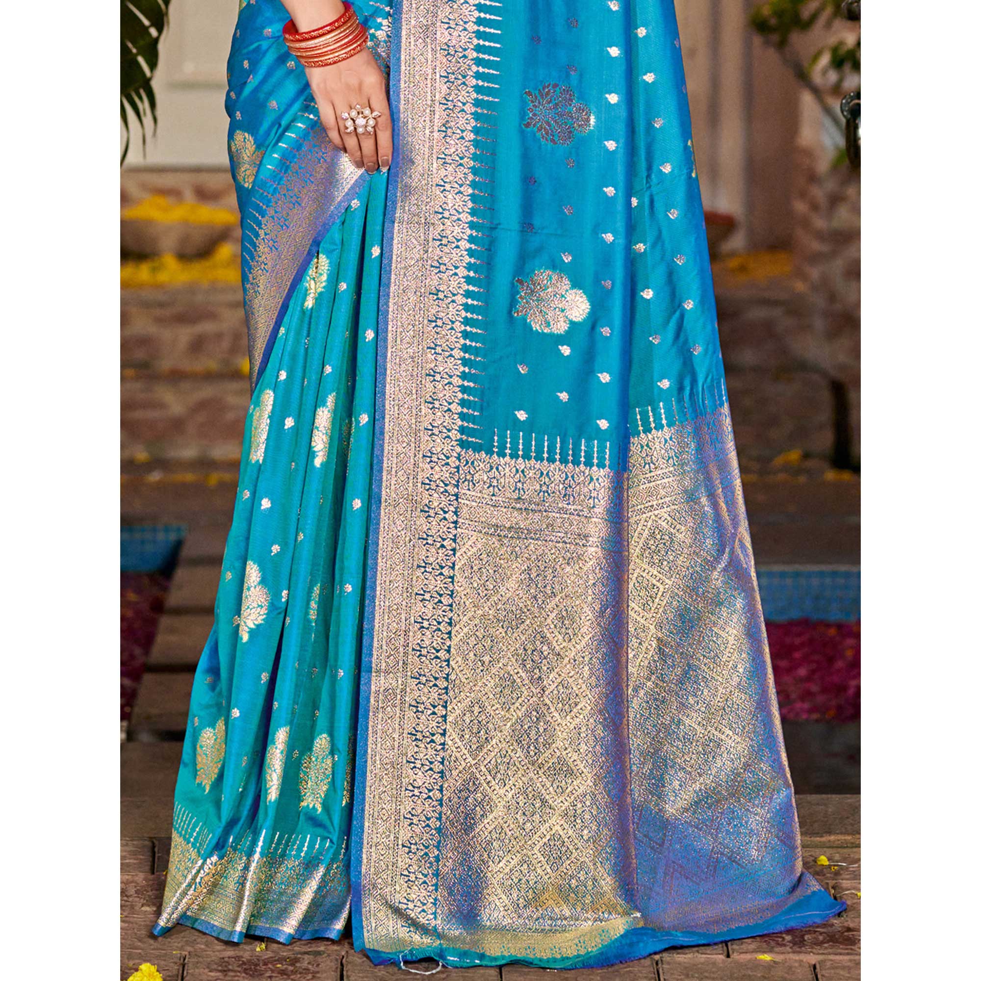 Blue Floral Woven Banarasi Silk Saree With Tassels