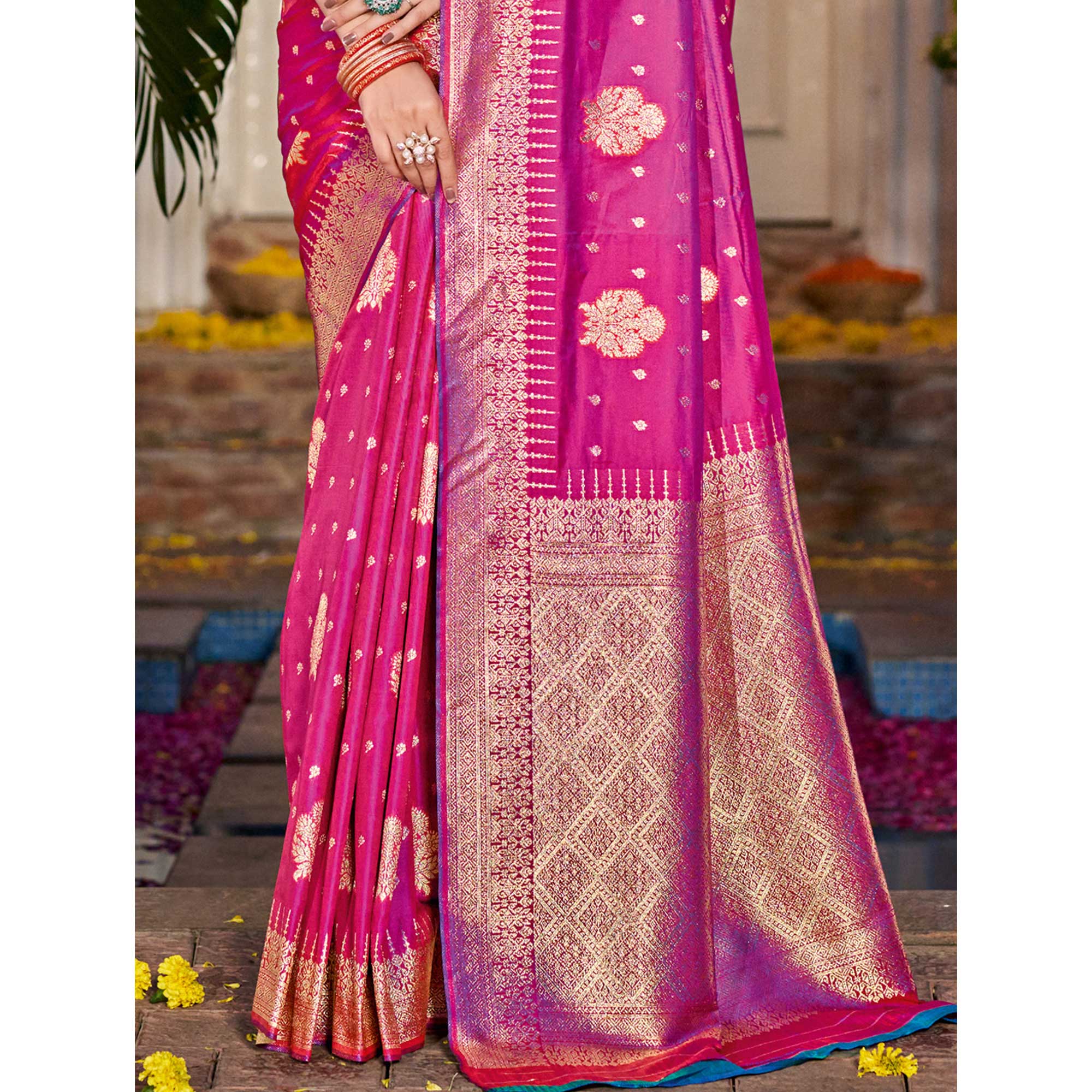 Rani Pink Floral Woven Banarasi Silk Saree With Tassels