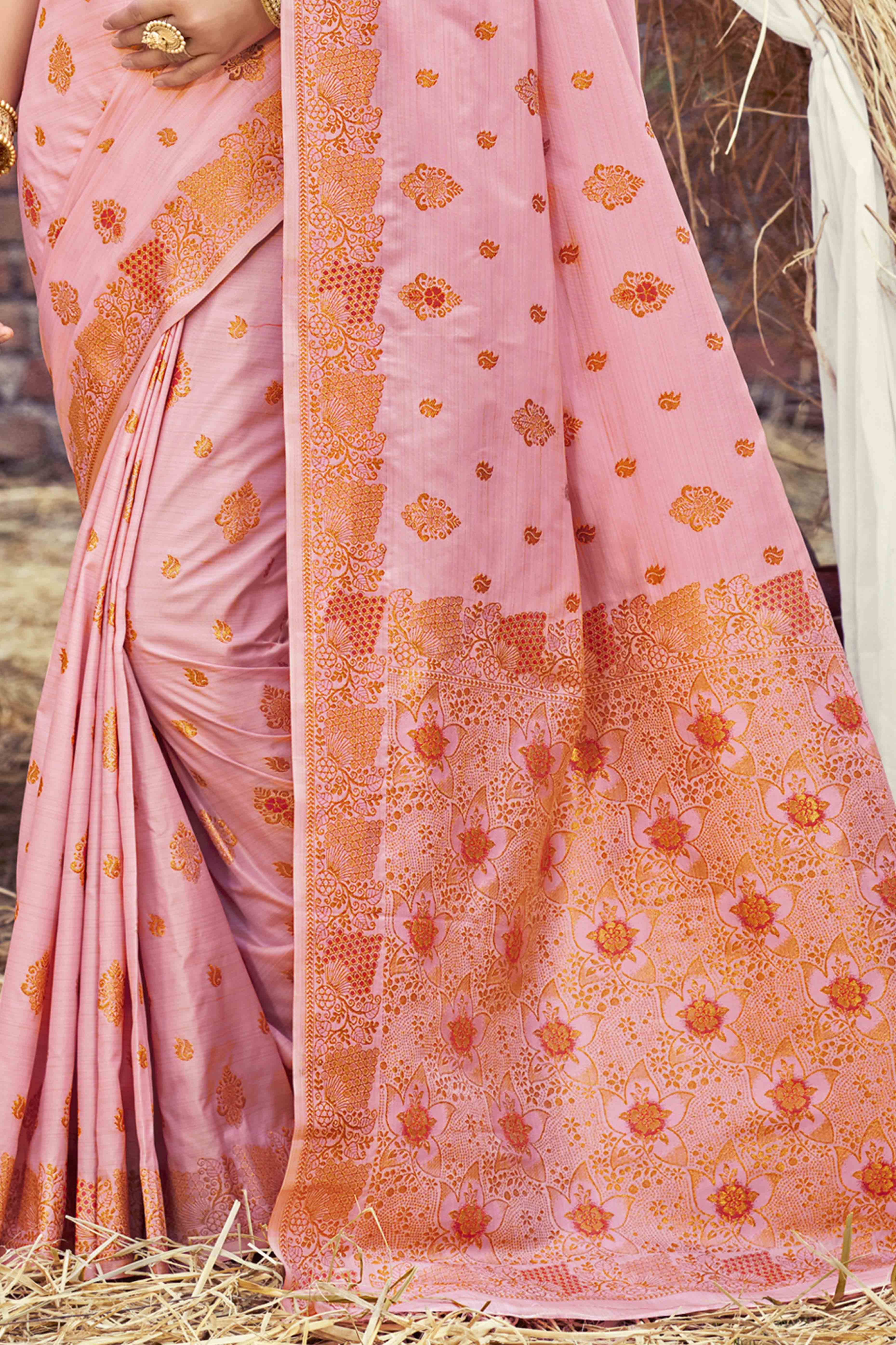 Pink Banarasi Silk Saree Adorned With Woven Zari Floral Motifs