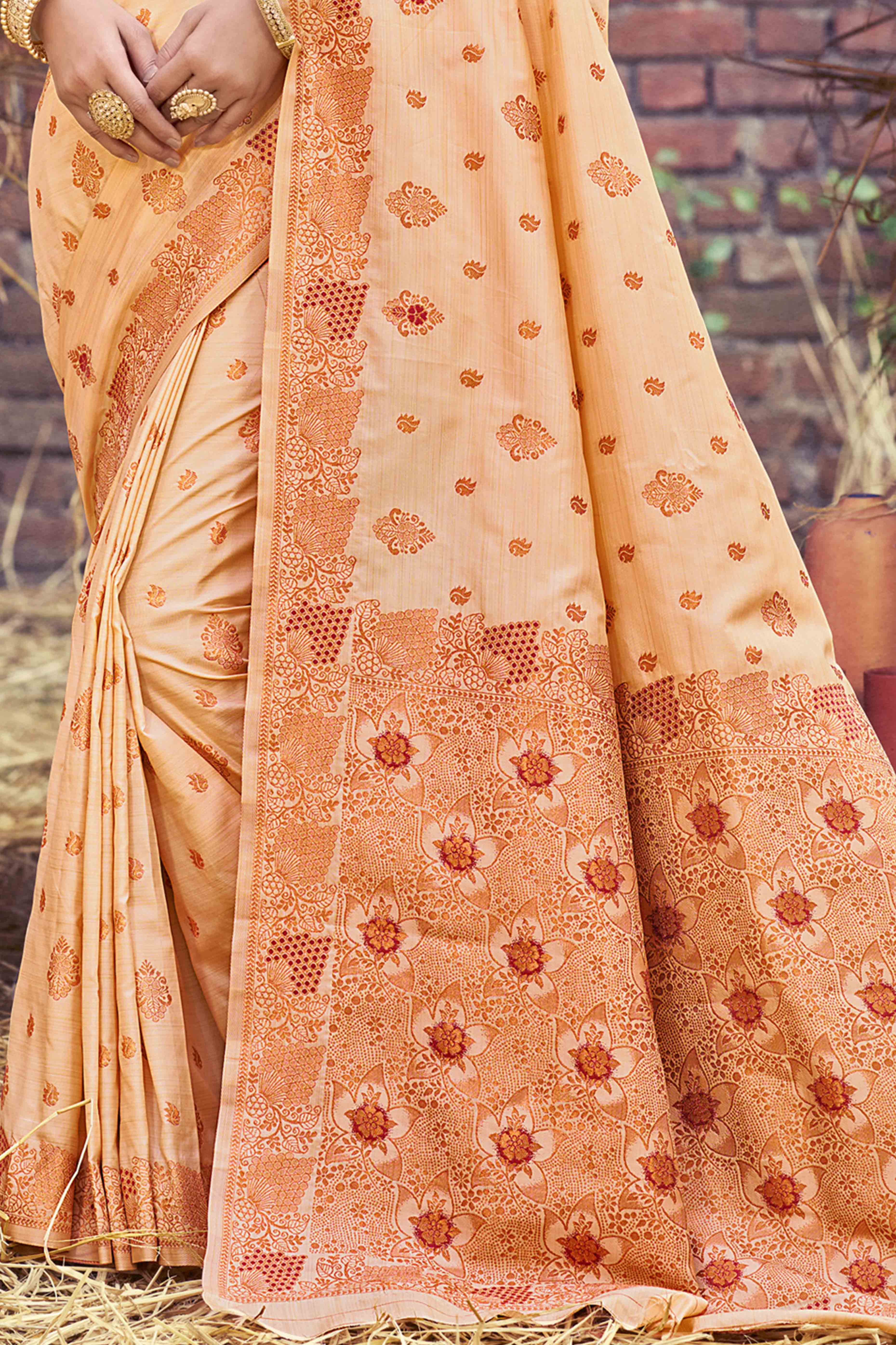 Peach Banarasi Silk Saree Adorned With Woven Zari Floral Motifs