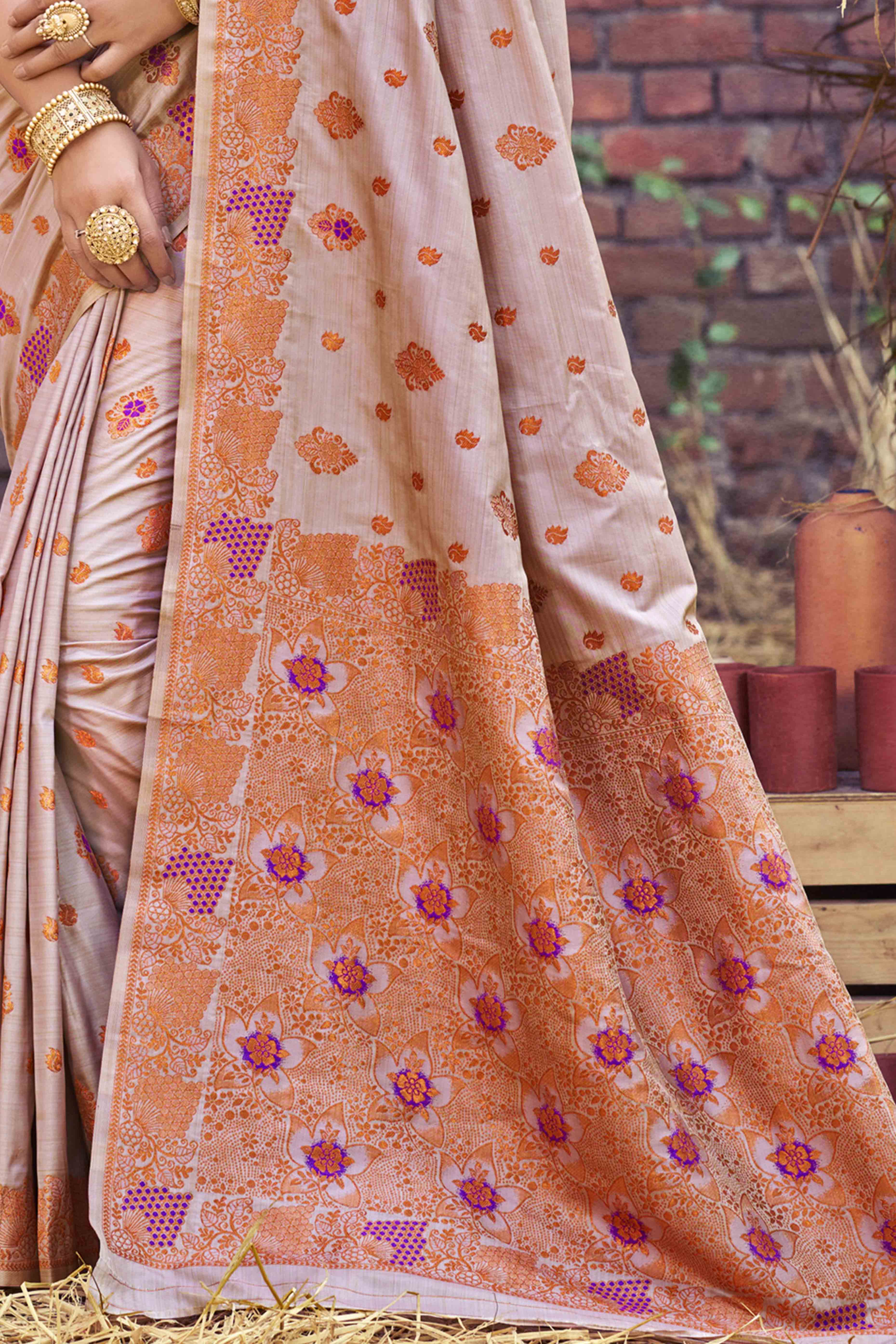 Dusty Grey Banarasi Silk Saree Adorned With Woven Zari Floral Motifs
