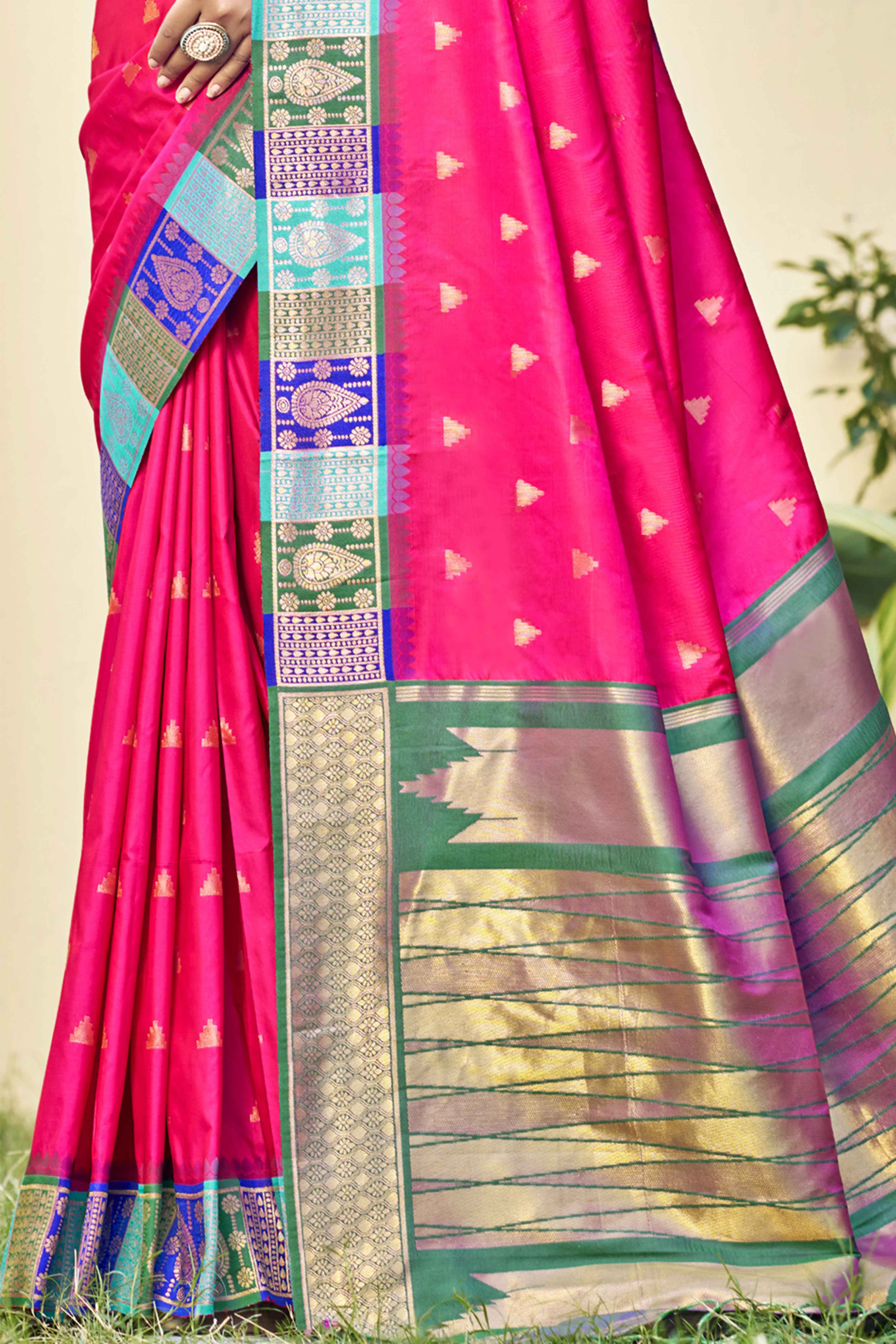 Rani Pink Woven Banarasi Silk Saree With Tassels