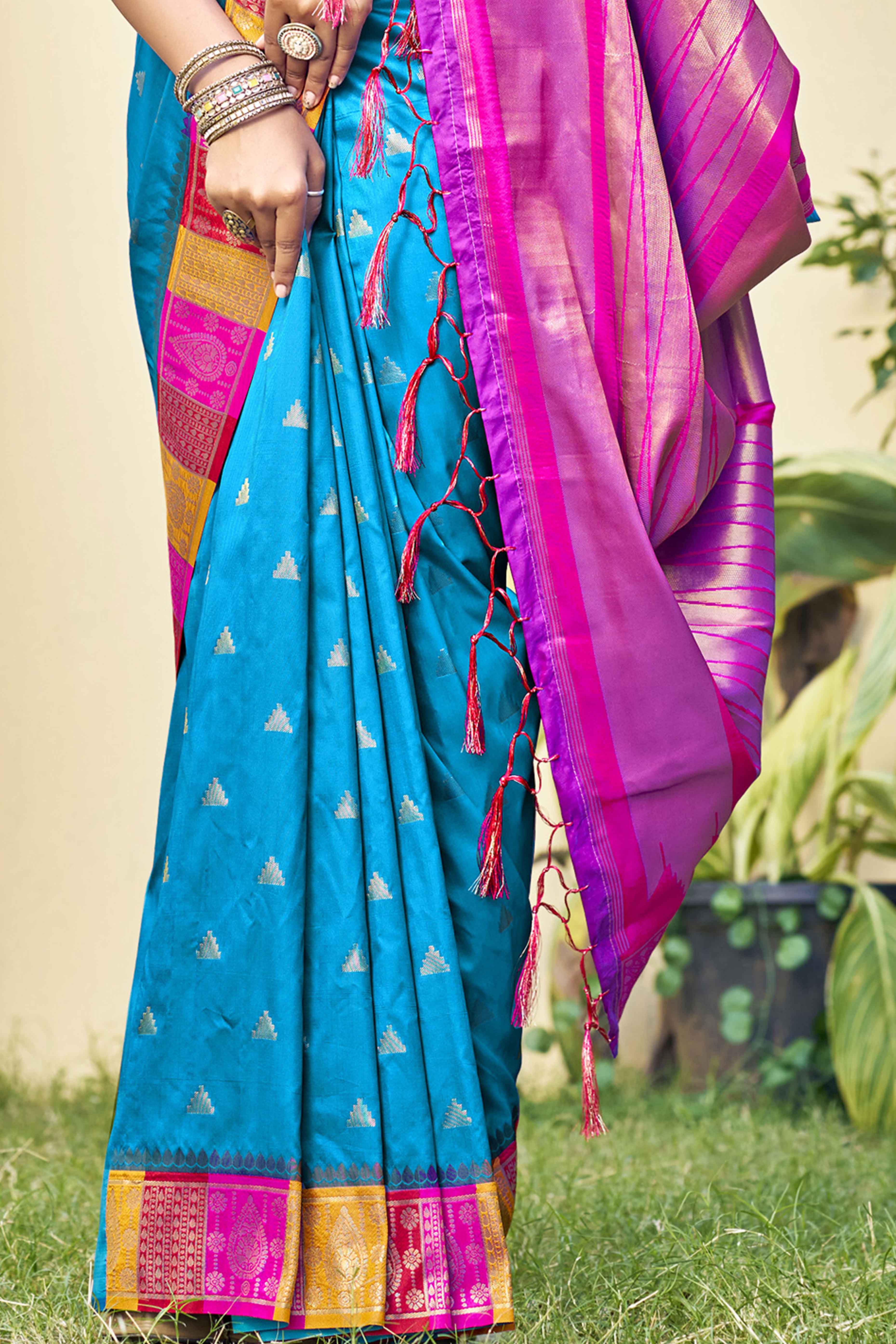 Blue Woven Banarasi Silk Saree With Tassels