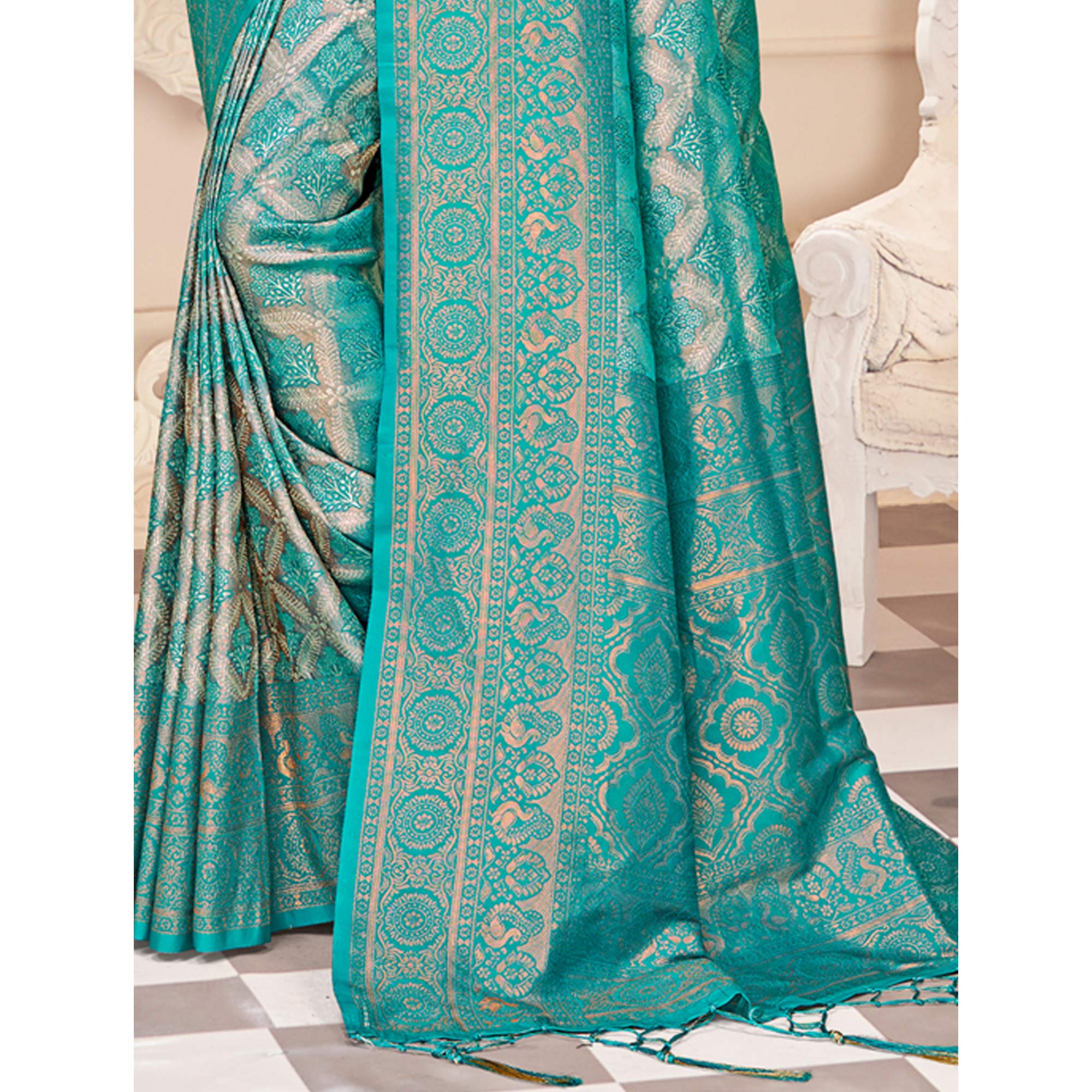 Rama Blue Floral Woven Kanjivaram Silk Saree With Tassels