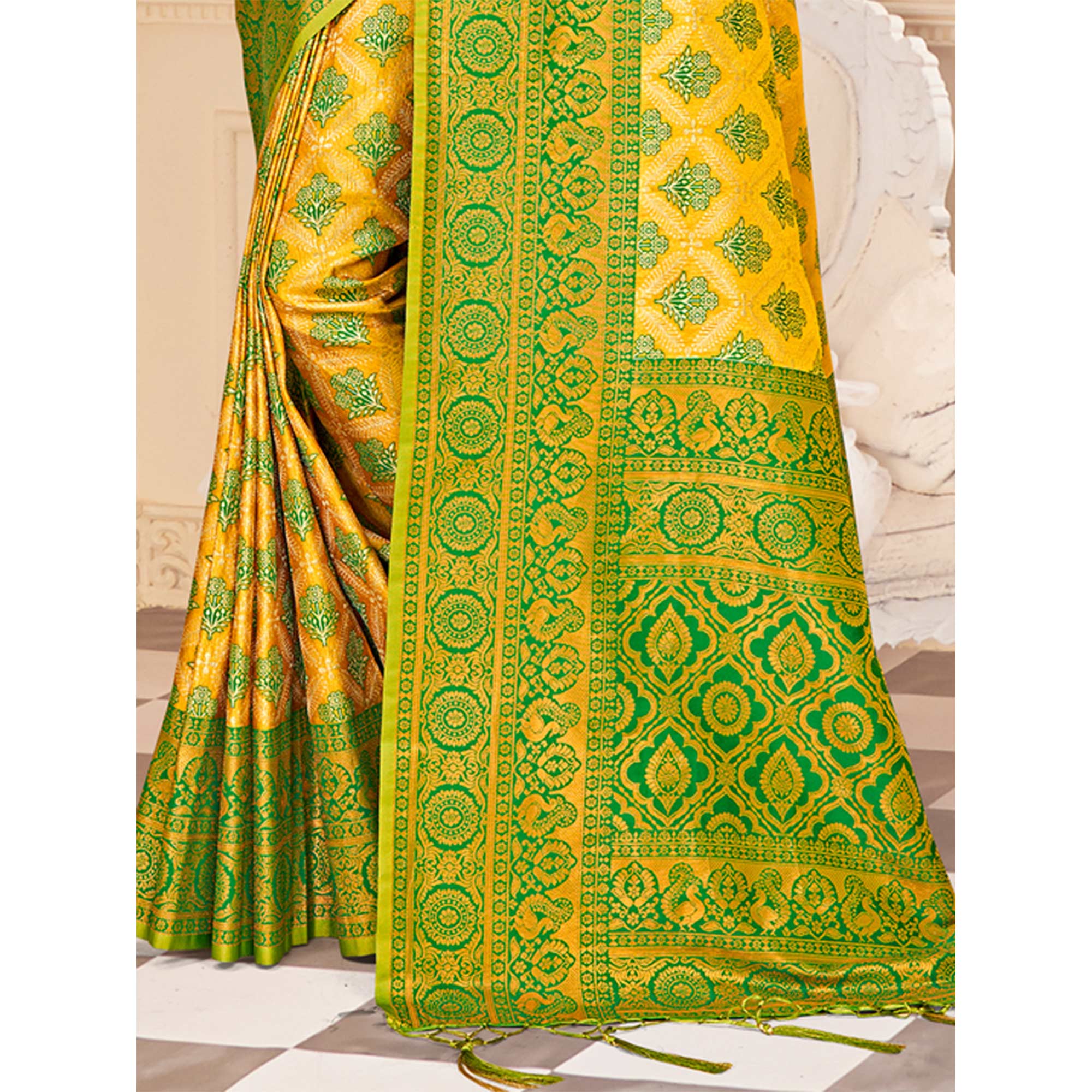 Yellow Floral Woven Kanjivaram Silk Saree With Tassels