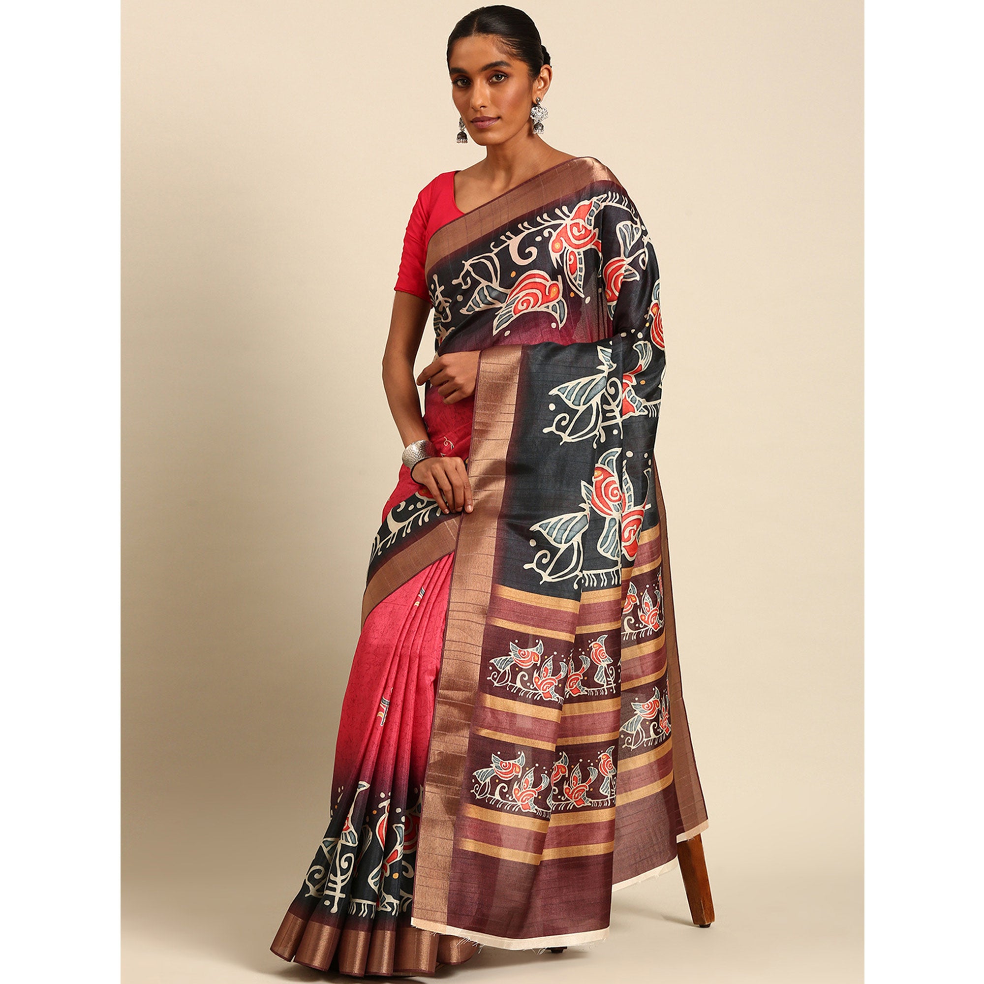 Pink & Black Digital Printed Cotton Blend Saree With Woven Border