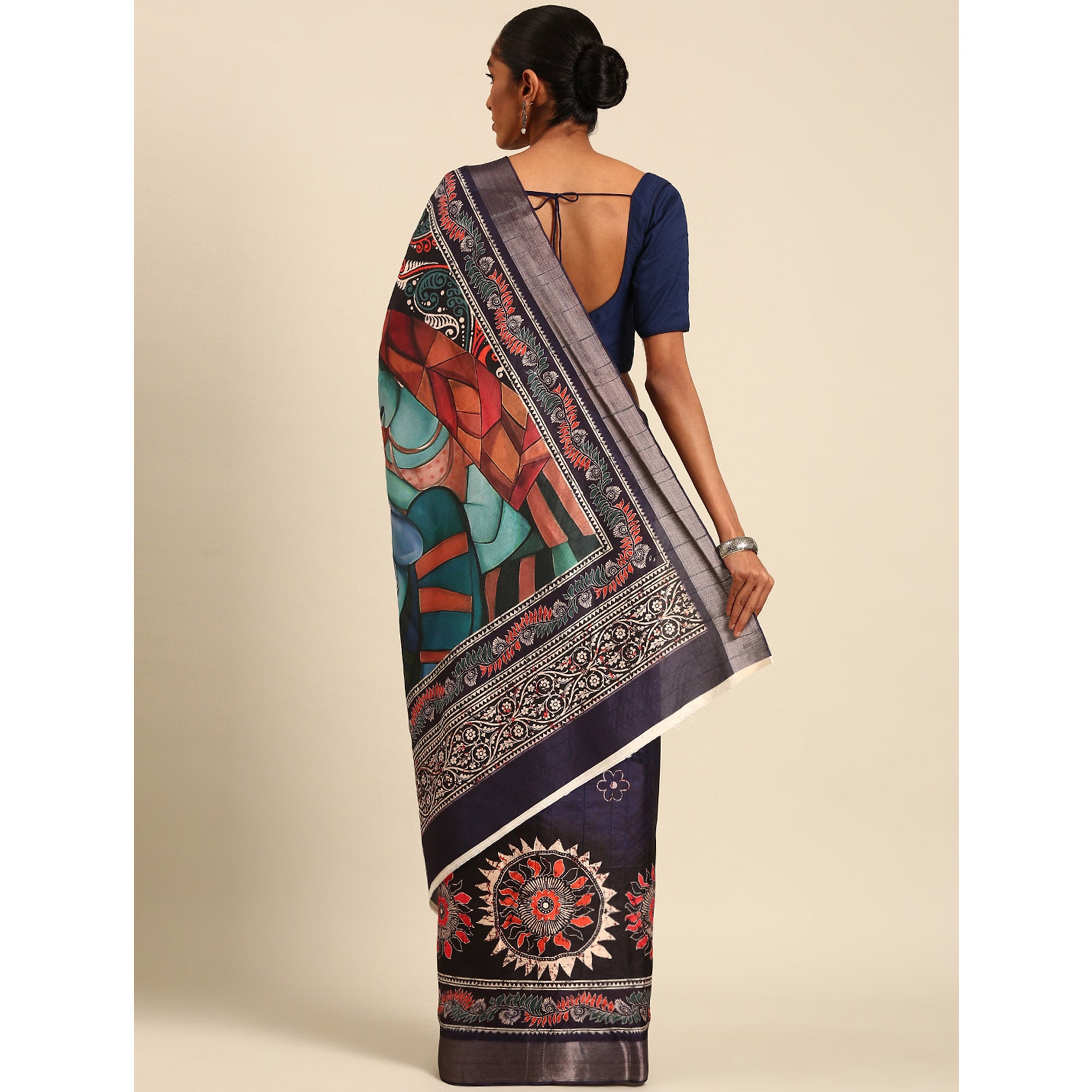 Navy Blue Digital Printed Cotton Blend Saree With Woven Border