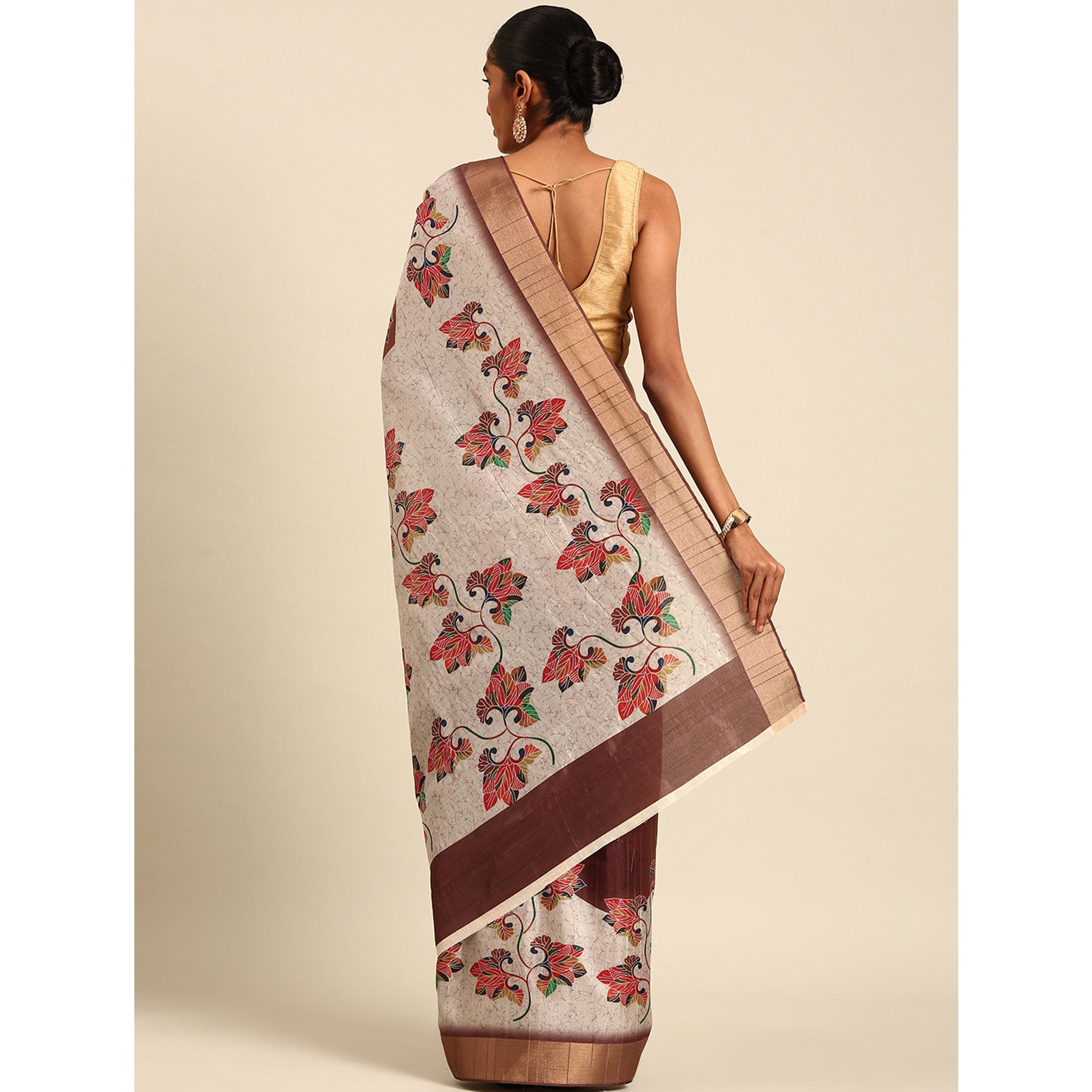 Cream & Brown Digital Printed Cotton Blend Saree With Woven Border