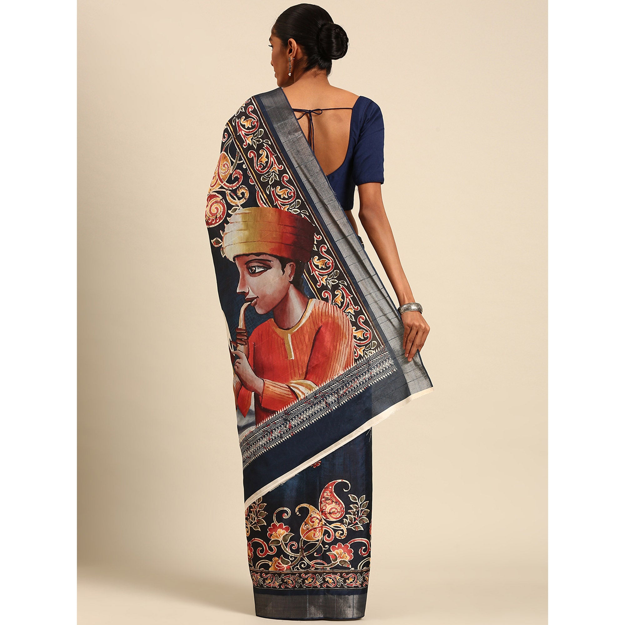 Blue Digital Printed Cotton Blend Saree With Woven Border