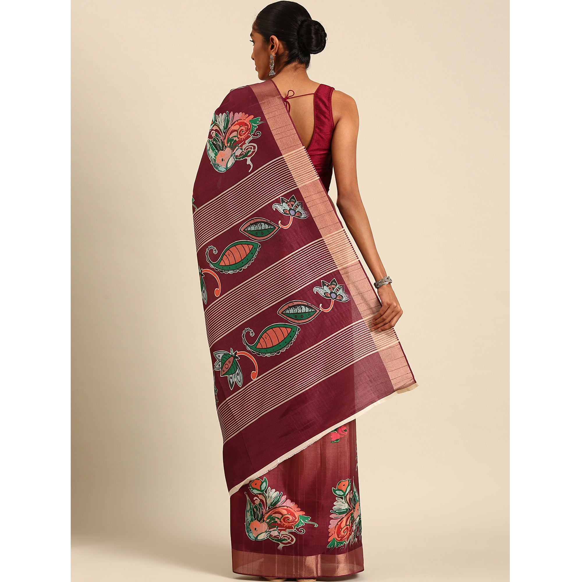 Maroon Digital Printed Cotton Blend Saree With Woven Border