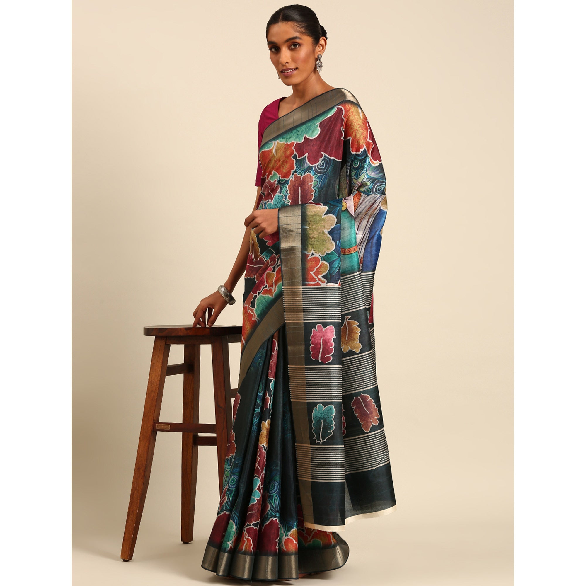 Teal Digital Printed Cotton Blend Saree With Woven Border