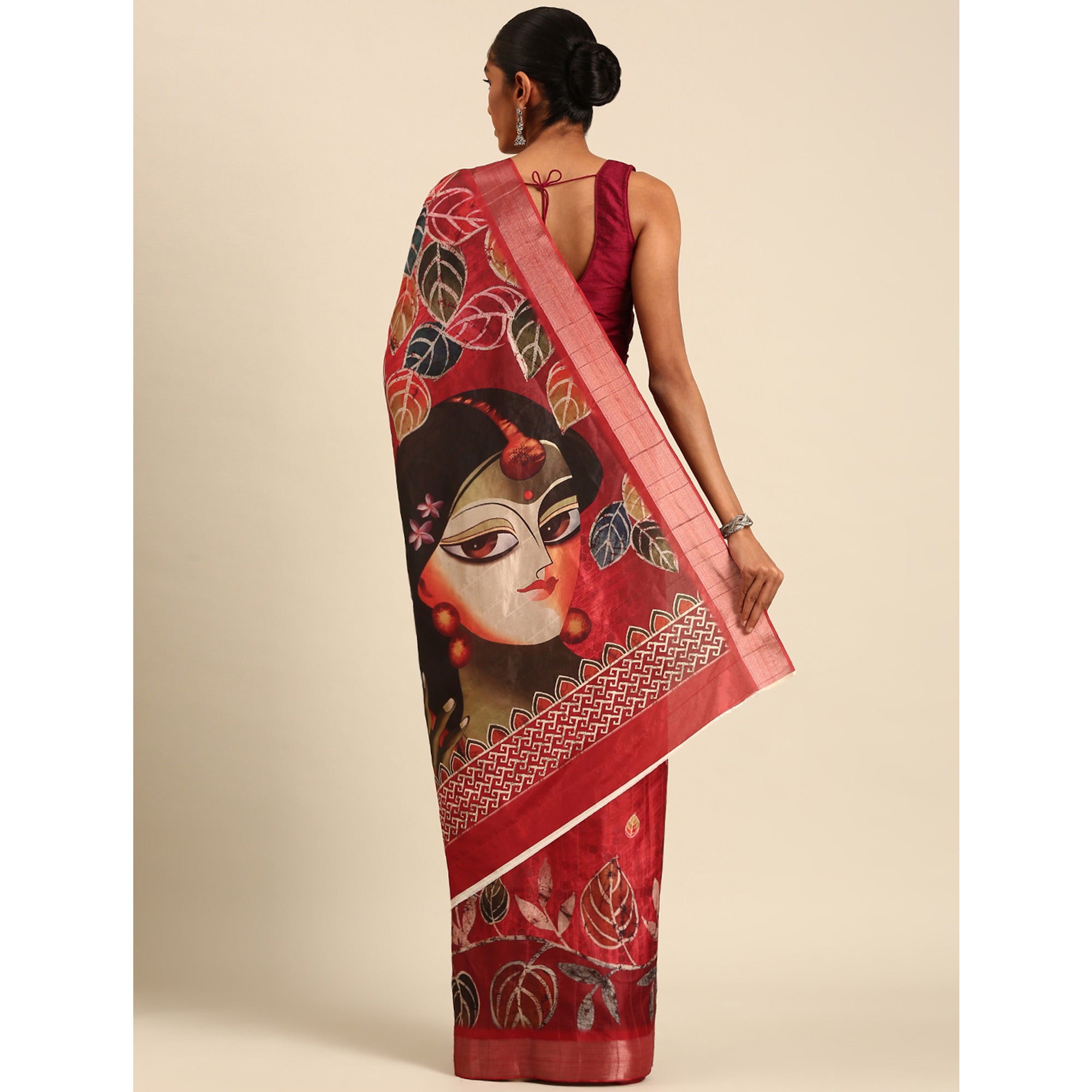 Red Digital Printed Cotton Blend Saree With Woven Border