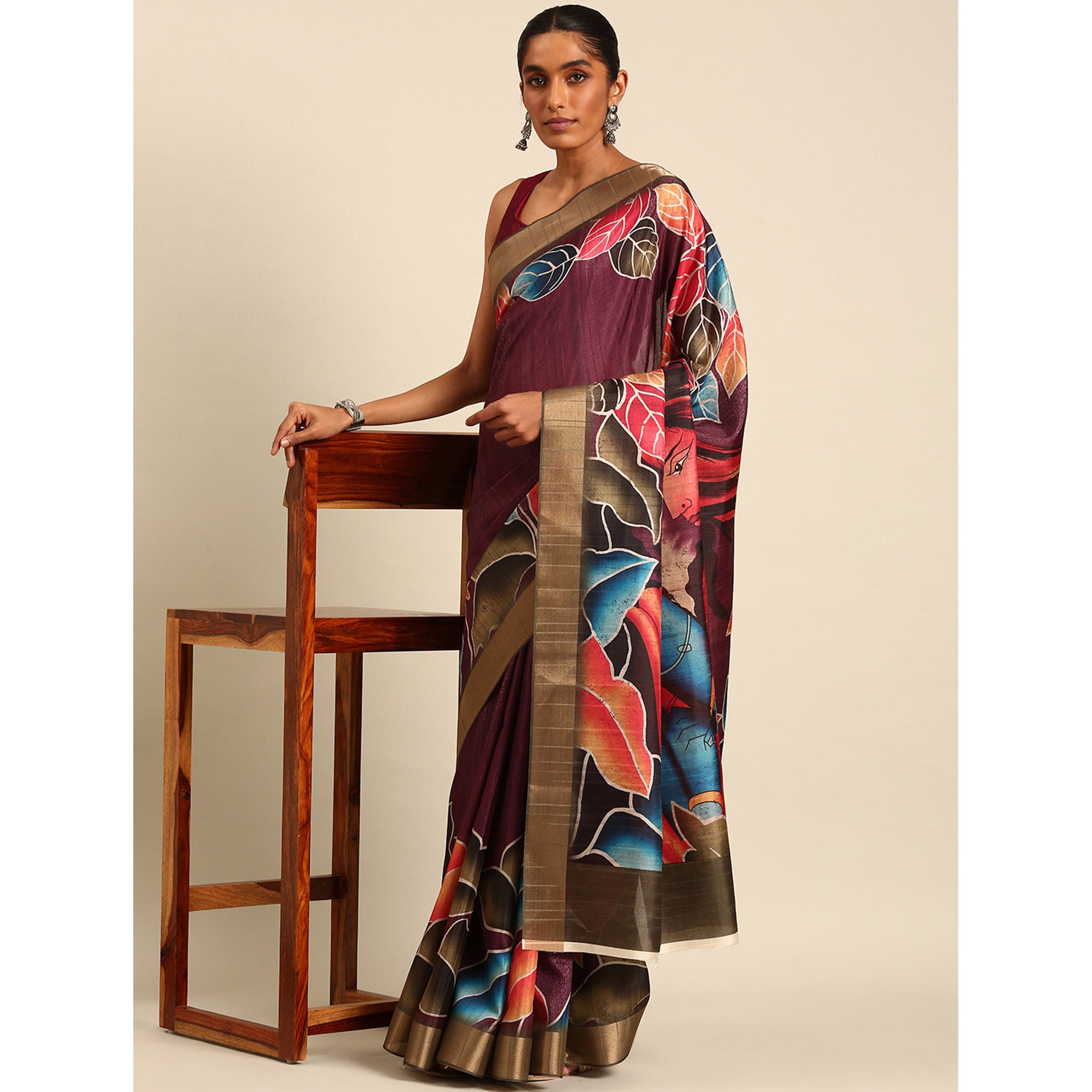 Wine Digital Printed Cotton Blend Saree With Woven Border