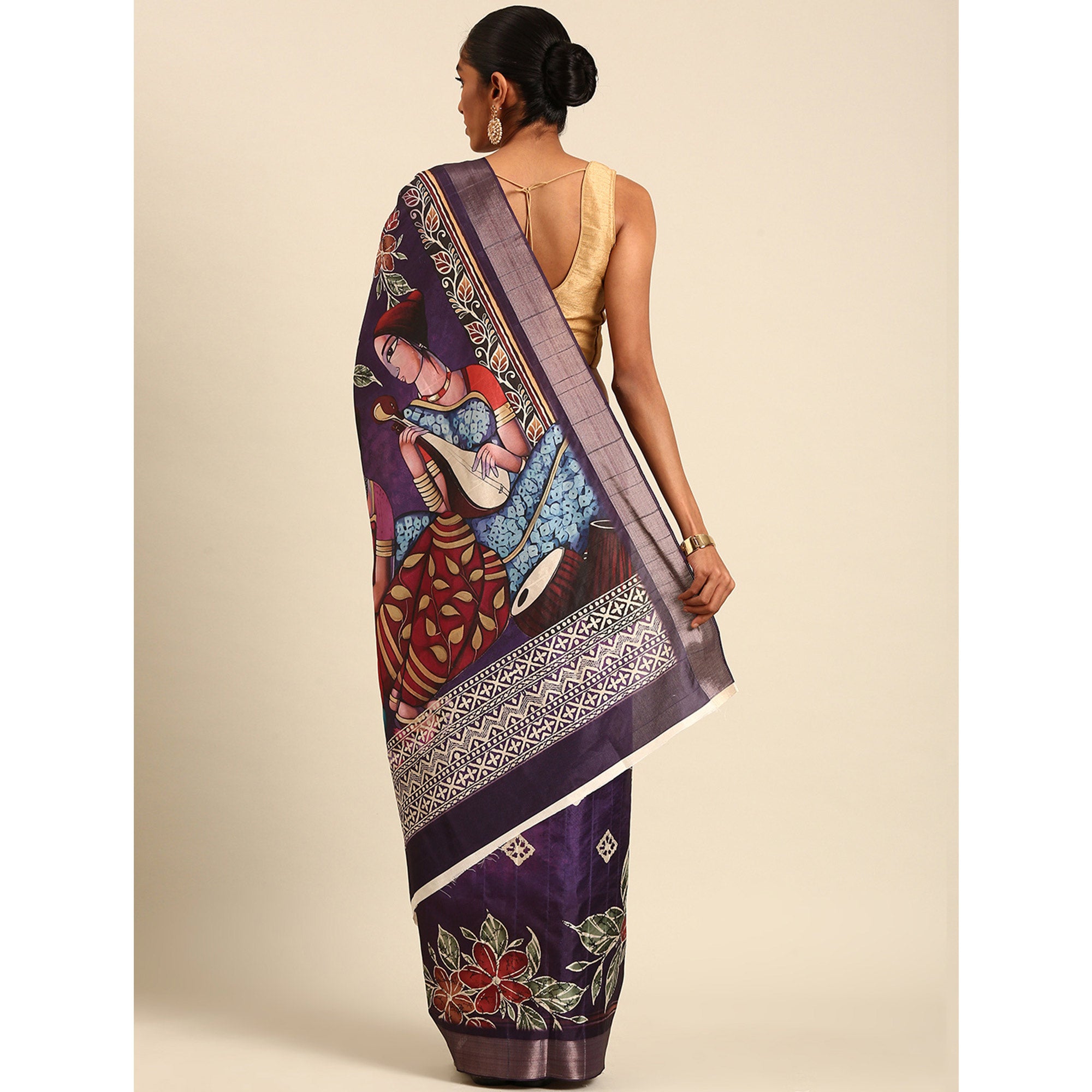 Purple Digital Printed Cotton Blend Saree With Woven Border