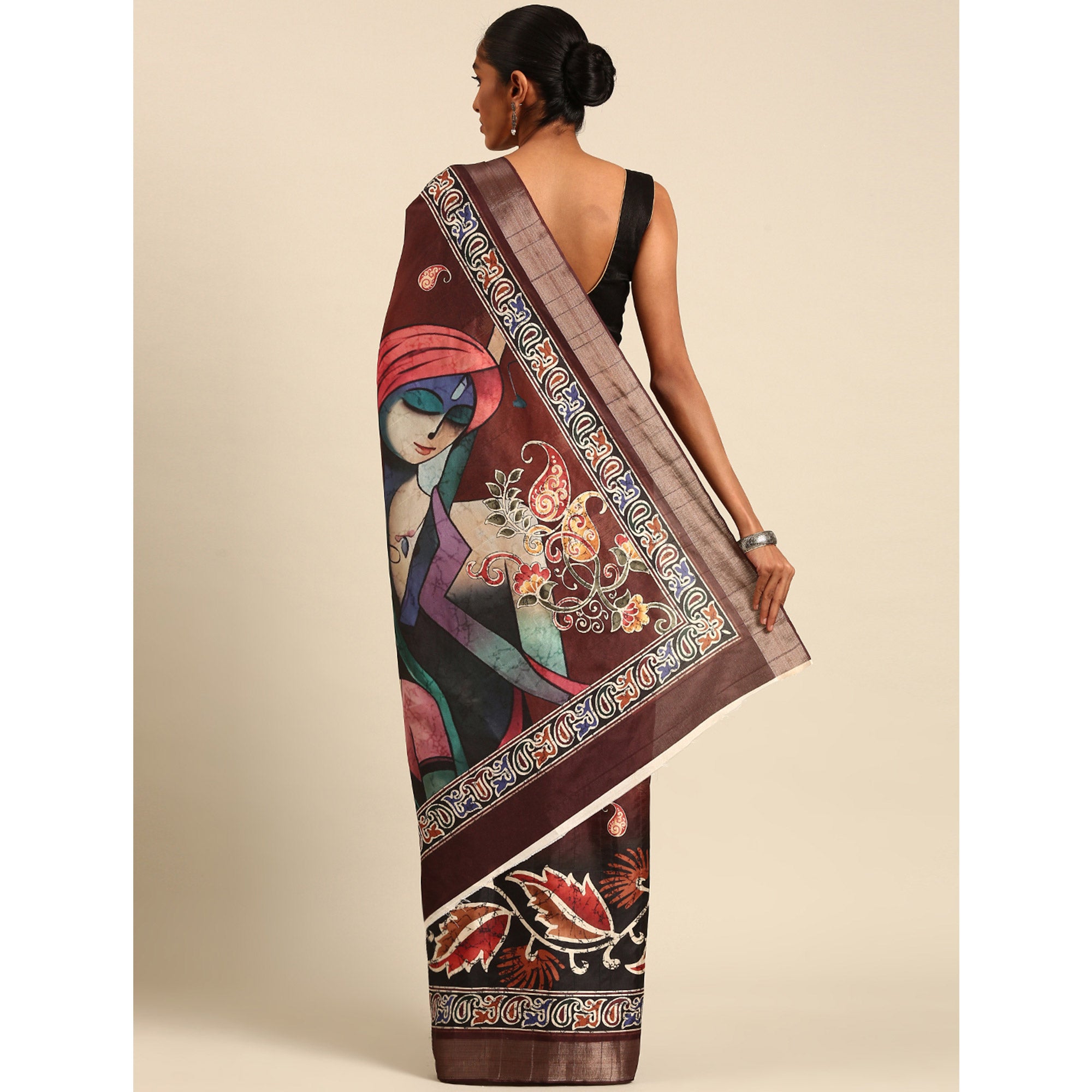 Dark Brown Digital Printed Cotton Blend Saree With Woven Border