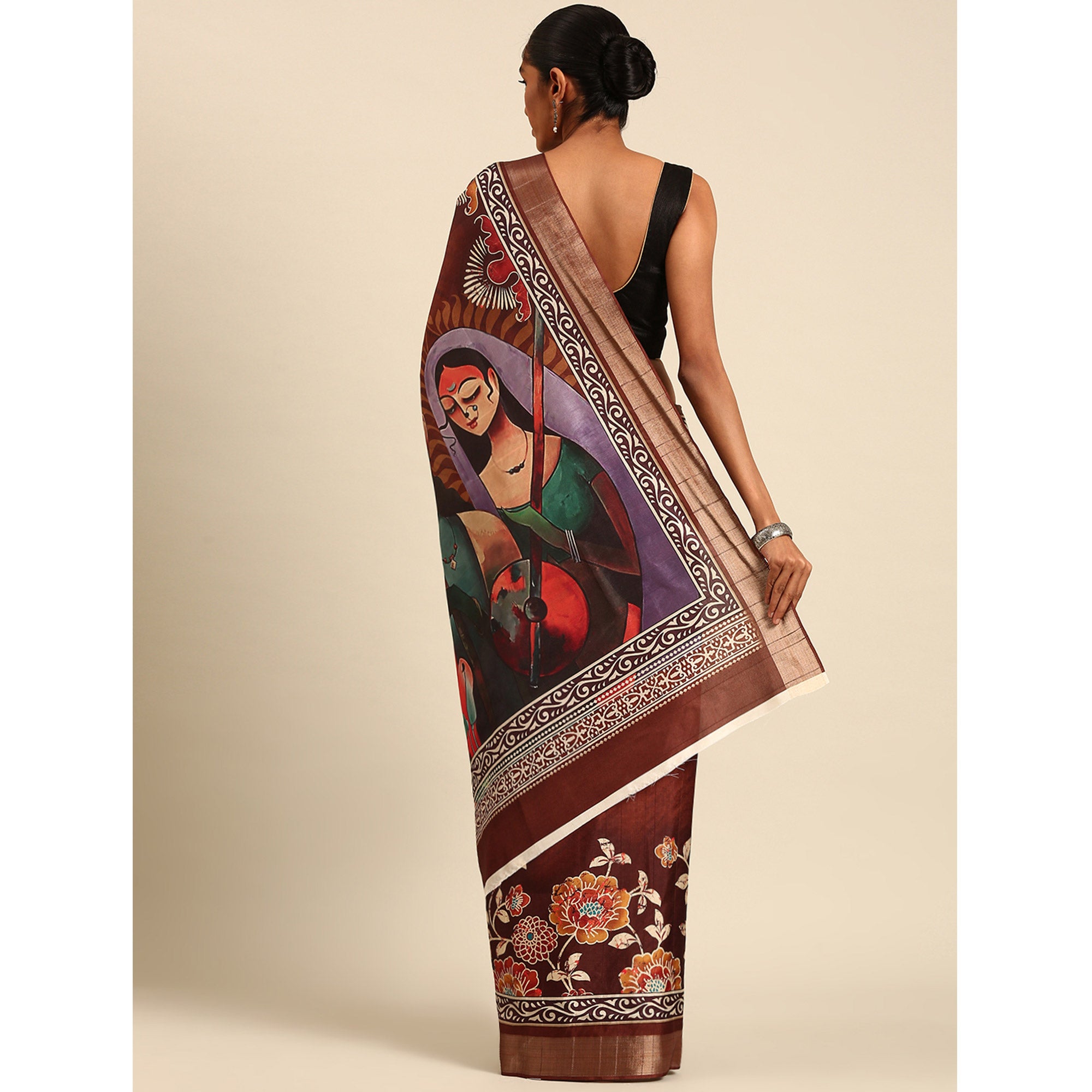 Brown Digital Printed Cotton Blend Saree With Woven Border